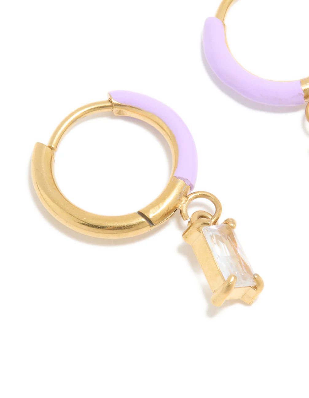 Waterproof Gold Plated Stainless Steel Purple Enamel Cubic Zirconia Charm Huggie Earrings - Image 4