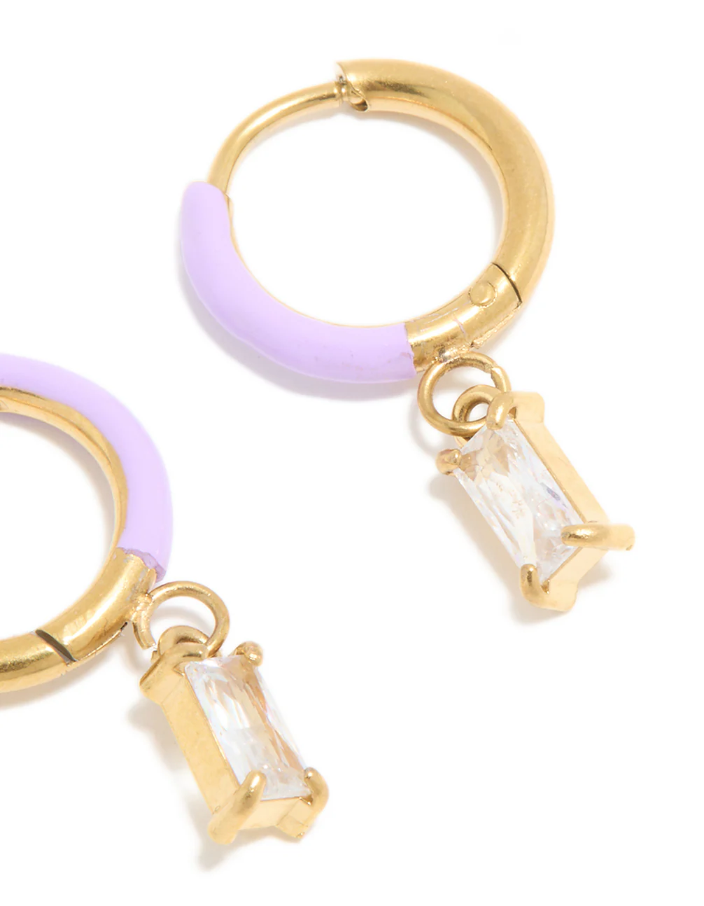 Waterproof Gold Plated Stainless Steel Purple Enamel Cubic Zirconia Charm Huggie Earrings - Image 5