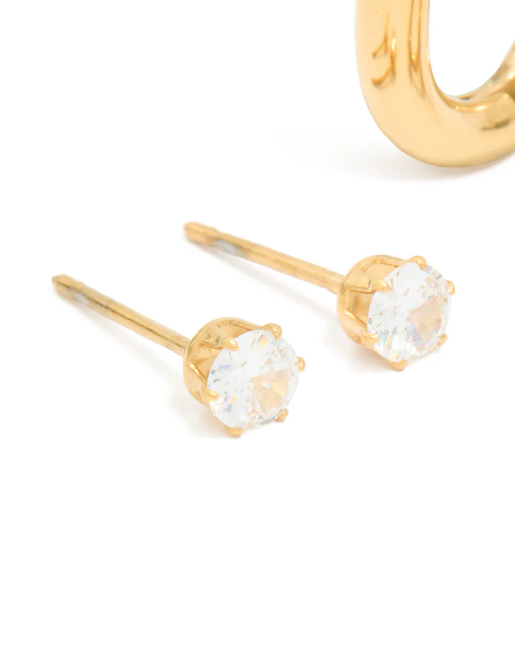 Waterproof Gold Plated Stainless Steel Rectangle Hoop Earrings & Cubic Zirconia Studs 2-Pack - Image 2