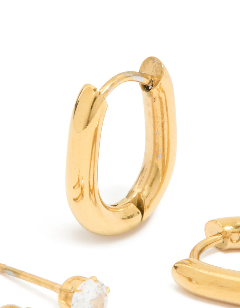 Waterproof Gold Plated Stainless Steel Rectangle Hoop Earrings & Cubic Zirconia Studs 2-Pack - Image 3