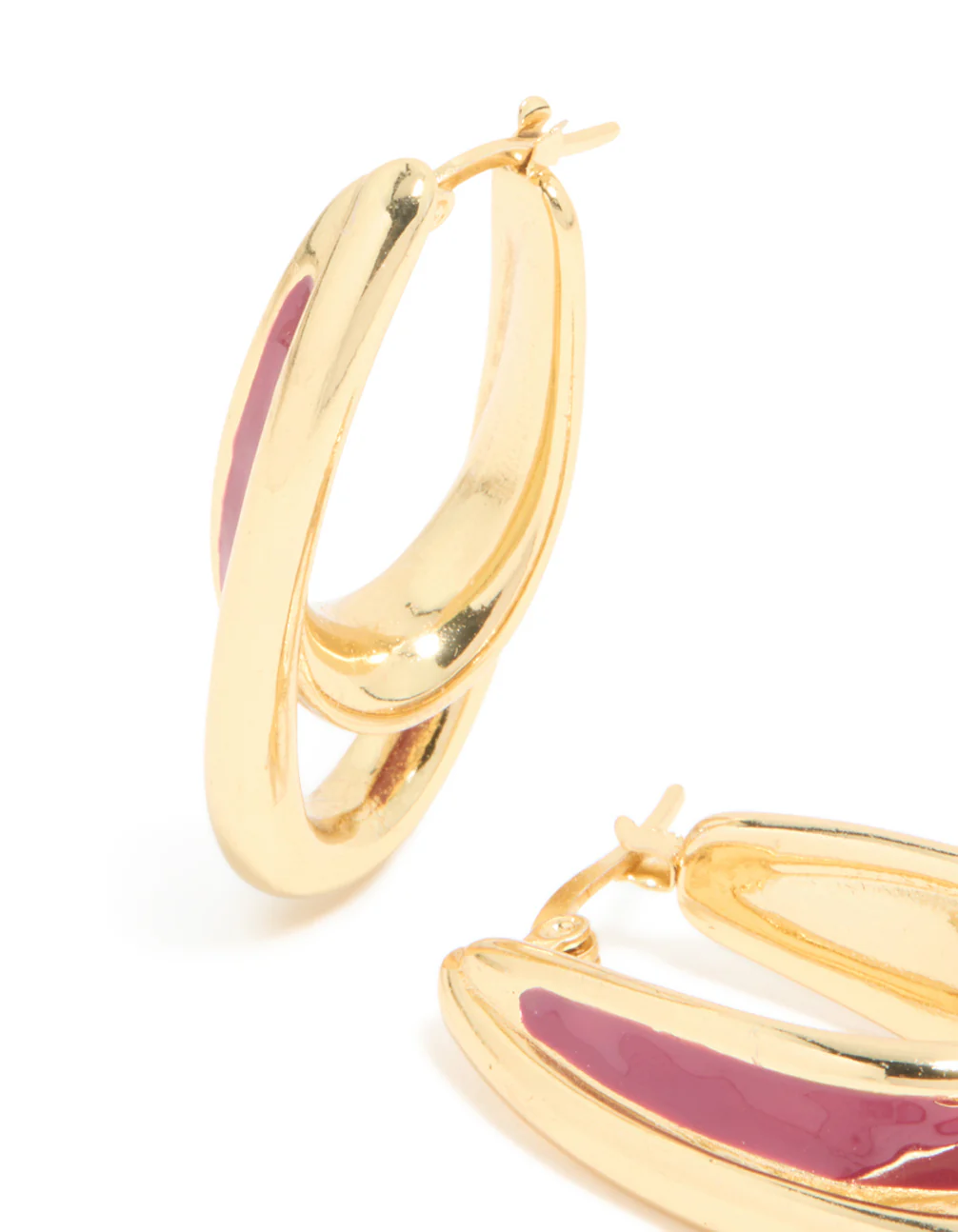 Waterproof Gold Plated Stainless Steel & Red Enamel Double Illusion Hoop Earrings - Image 4