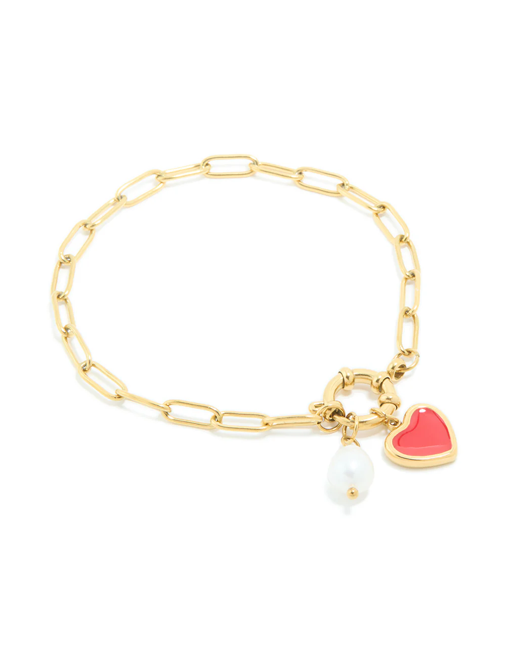Waterproof Gold Plated Stainless Steel Red Enamel Heart & Pearl Charm Bracelet - Image 2
