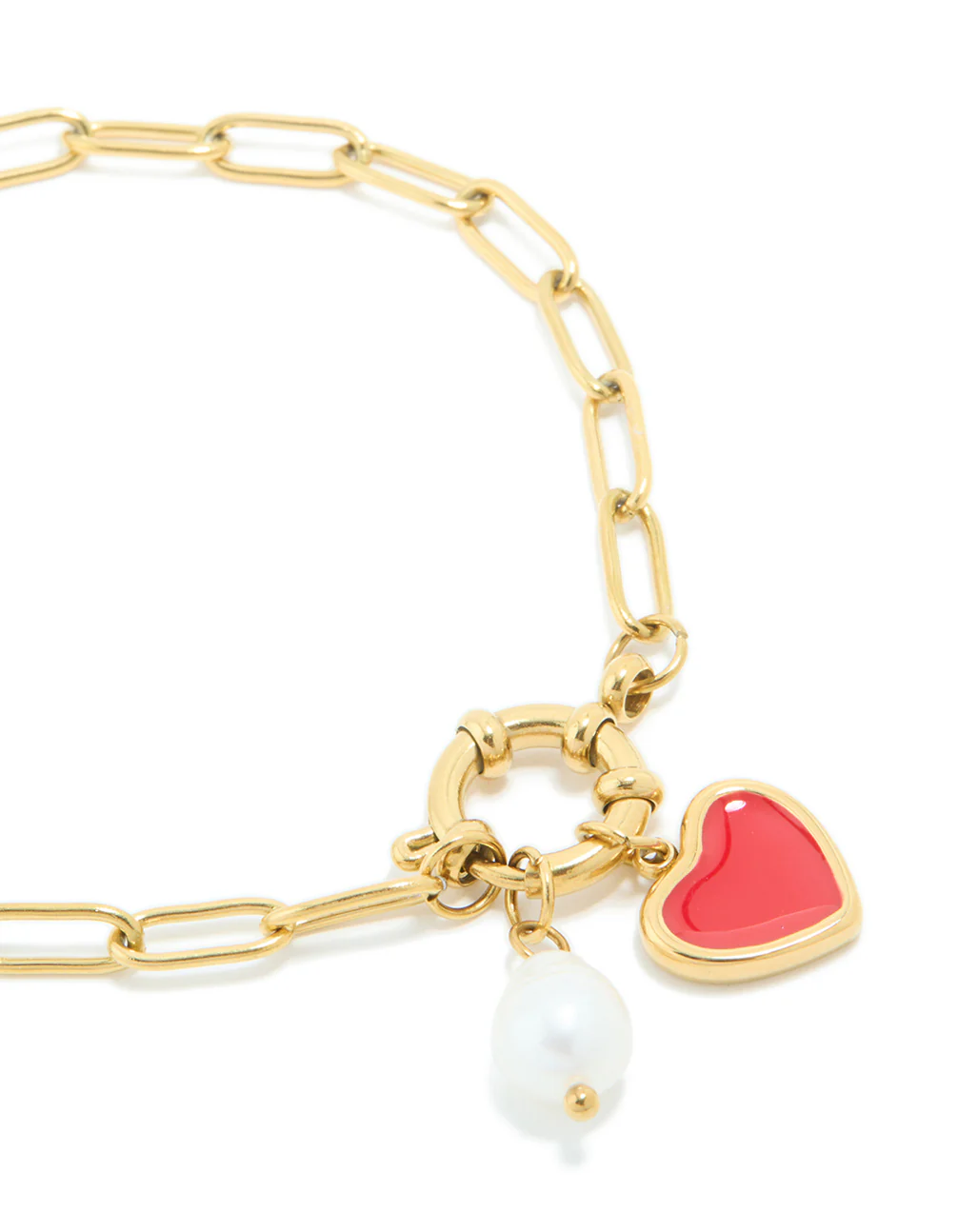 Waterproof Gold Plated Stainless Steel Red Enamel Heart & Pearl Charm Bracelet - Image 4