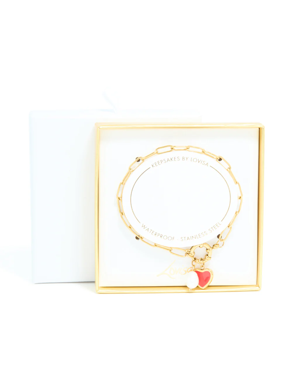 Waterproof Gold Plated Stainless Steel Red Enamel Heart & Pearl Charm Bracelet - Image 5