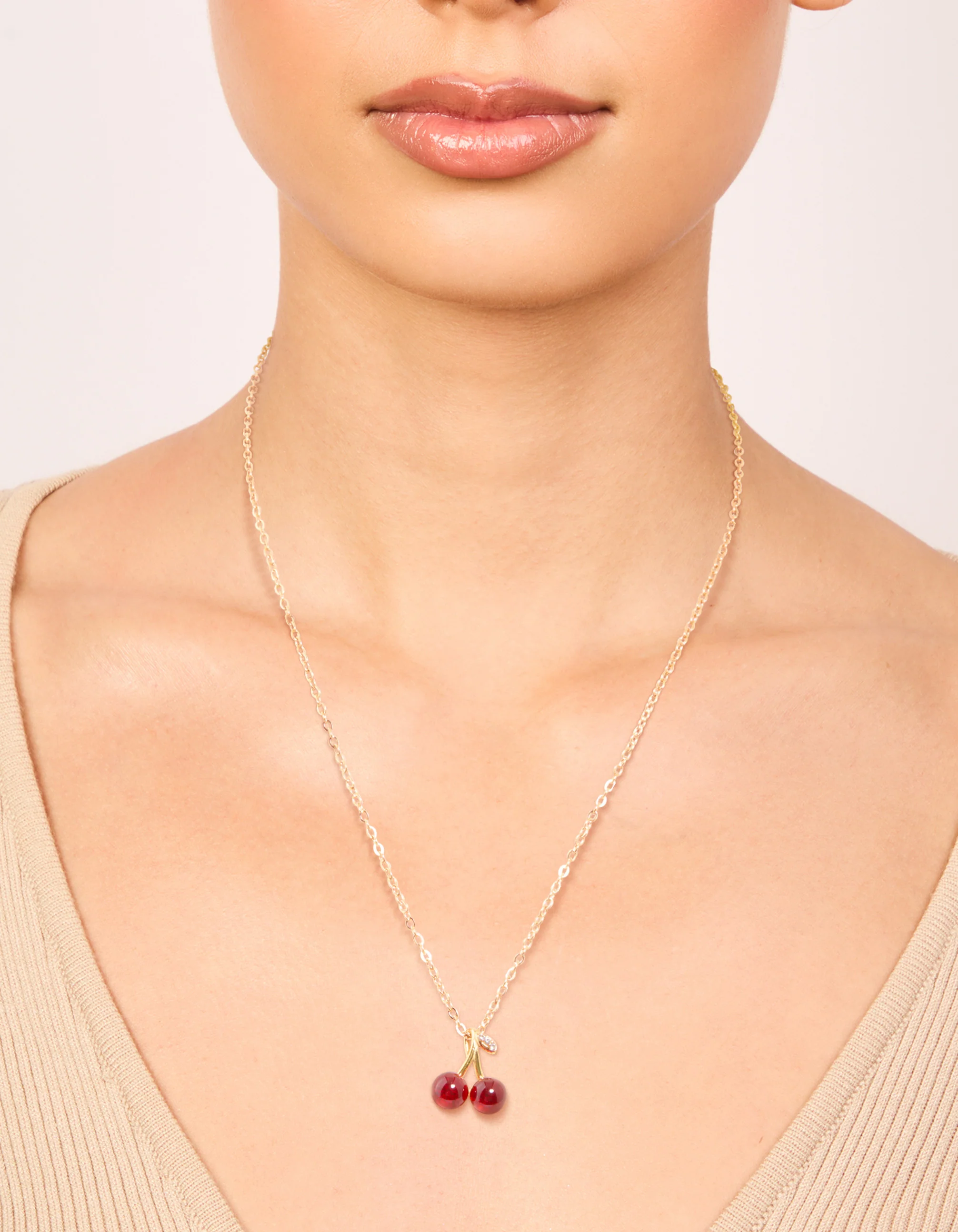 Waterproof Gold Plated Stainless Steel Red Glass Cherry Necklace - Image 4
