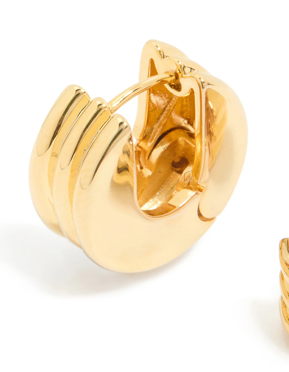 Waterproof Gold Plated Stainless Steel Ribbed Circle Hinged Earrings - Image 4