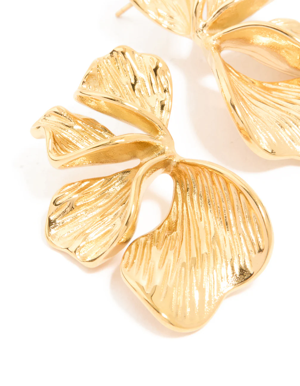 Waterproof Gold Plated Stainless Steel Ribbed Petal Stud Earrings - Image 2
