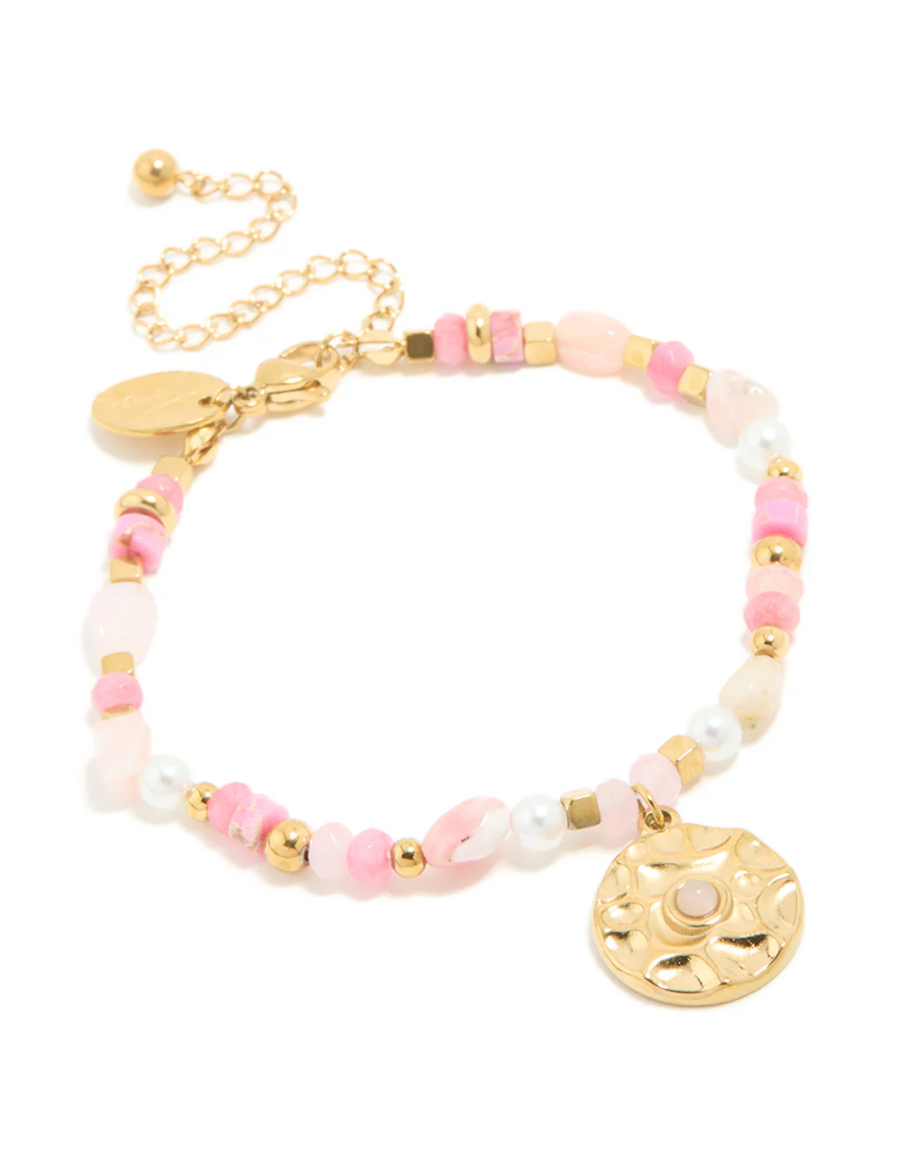Waterproof Gold Plated Stainless Steel Rose Quartz Semi Precious Coin Bracelet - Image 2