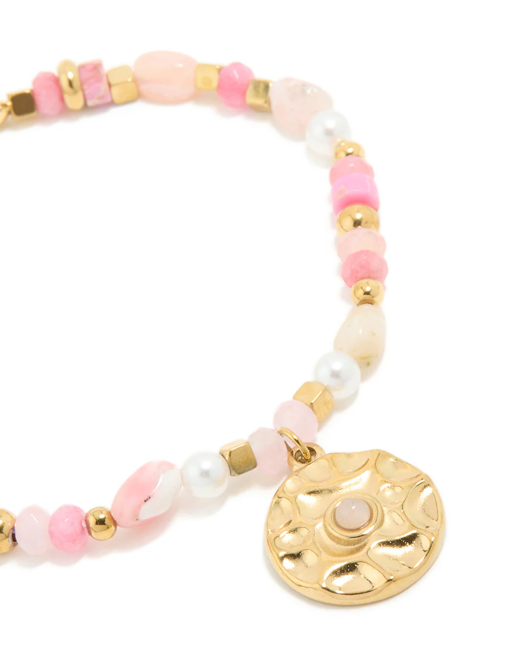 Waterproof Gold Plated Stainless Steel Rose Quartz Semi Precious Coin Bracelet - Image 4