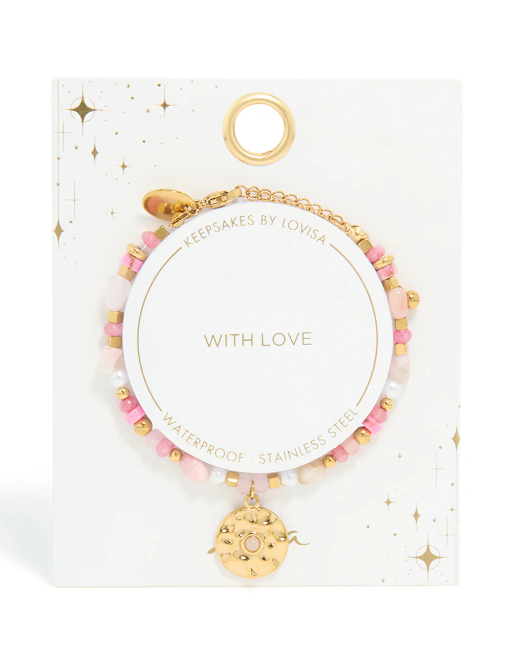 Waterproof Gold Plated Stainless Steel Rose Quartz Semi Precious Coin Bracelet - Image 5