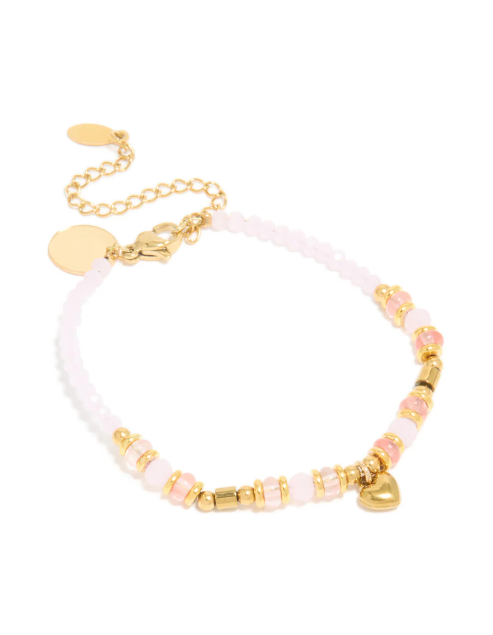 Waterproof Gold Plated Stainless Steel Rose Quartz Semi Precious Mini Heart Bracelet - Image 2