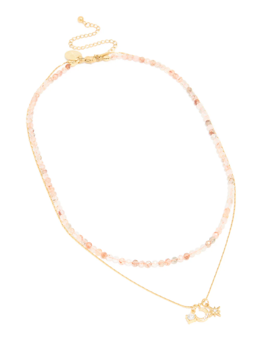 Waterproof Gold Plated Stainless Steel Rose Quartz Semi Precious Stone & Celestial Layered Necklace - Image 2