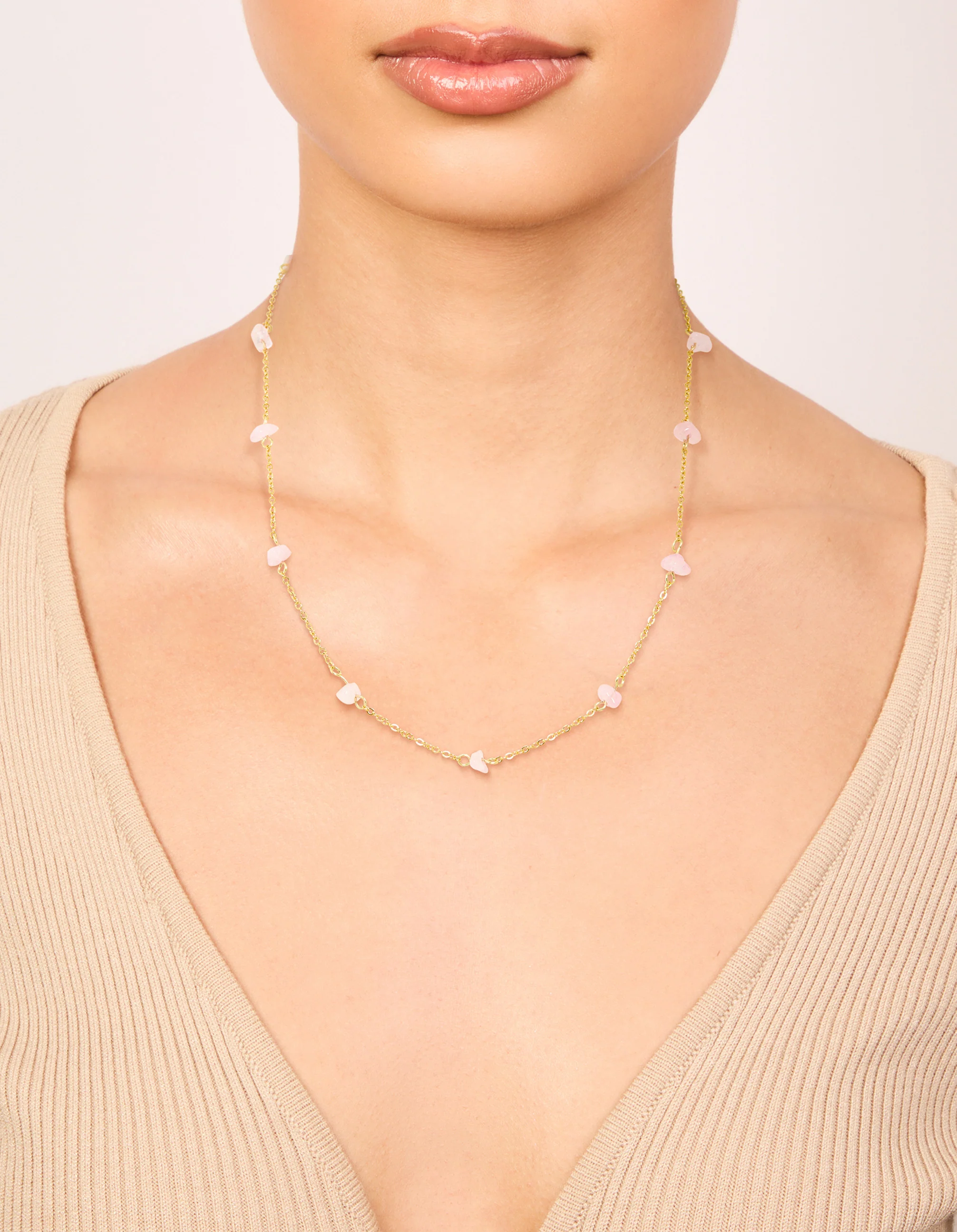 Waterproof Gold Plated Stainless Steel Rose Quartz Semi Precious Stone Chip Necklace - Image 6