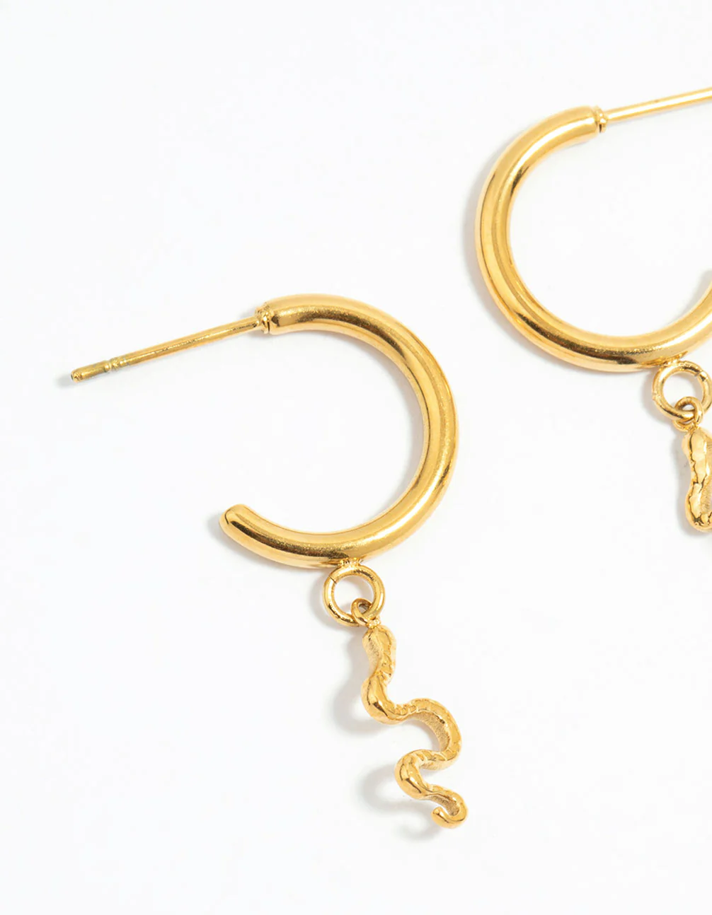Waterproof Gold Plated Stainless Steel Sleek & Snake Charm Hoop Earrings 2-Pack - Image 4