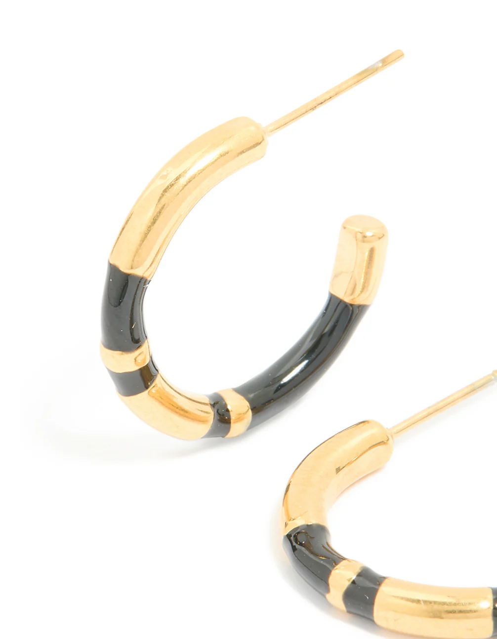 Waterproof Gold Plated Stainless Steel Small Black Enamel Stripe Hoop Earrings - Image 4