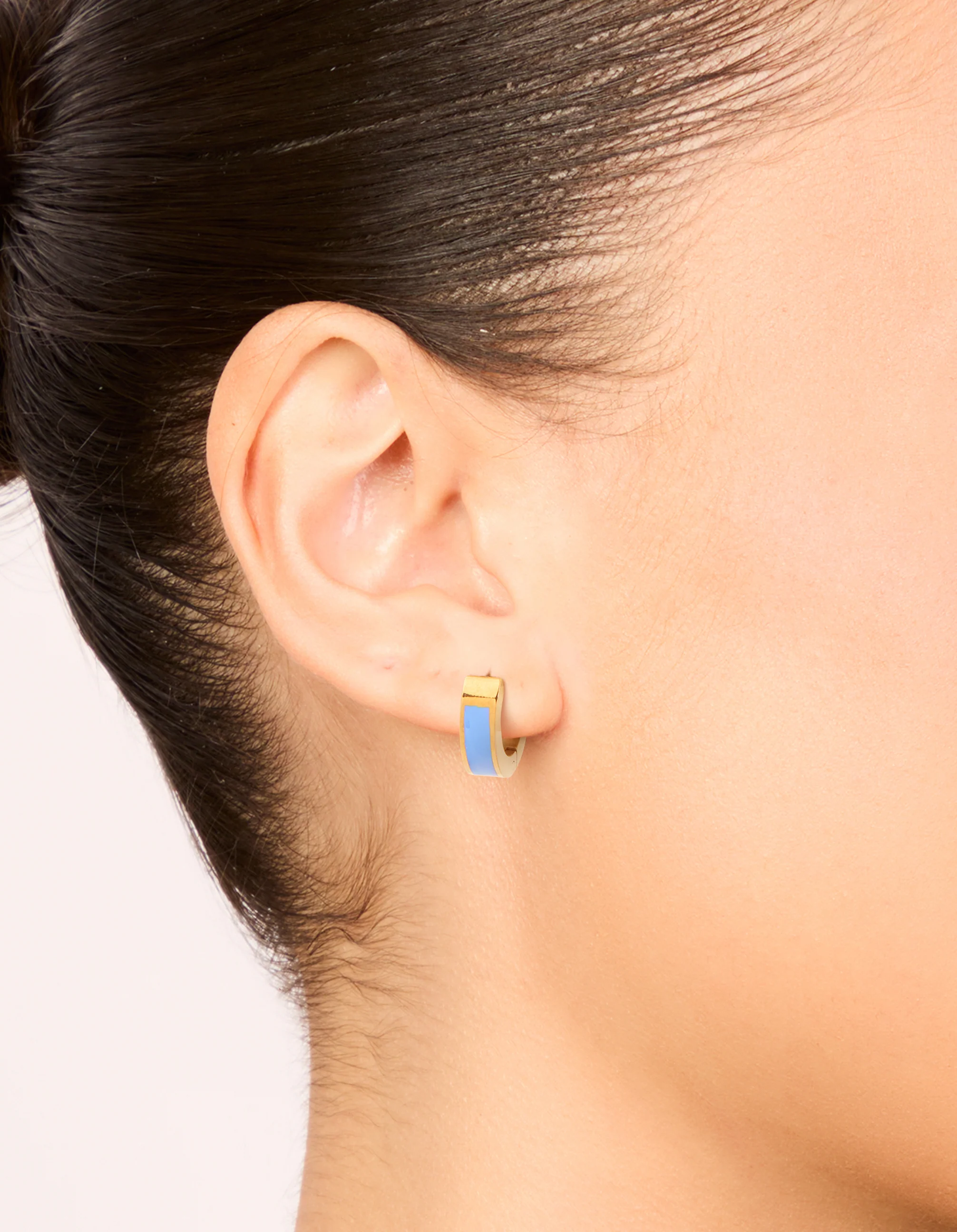 Waterproof Gold Plated Stainless Steel Small Blue Enamel Inlay Huggie Earrings - Image 2