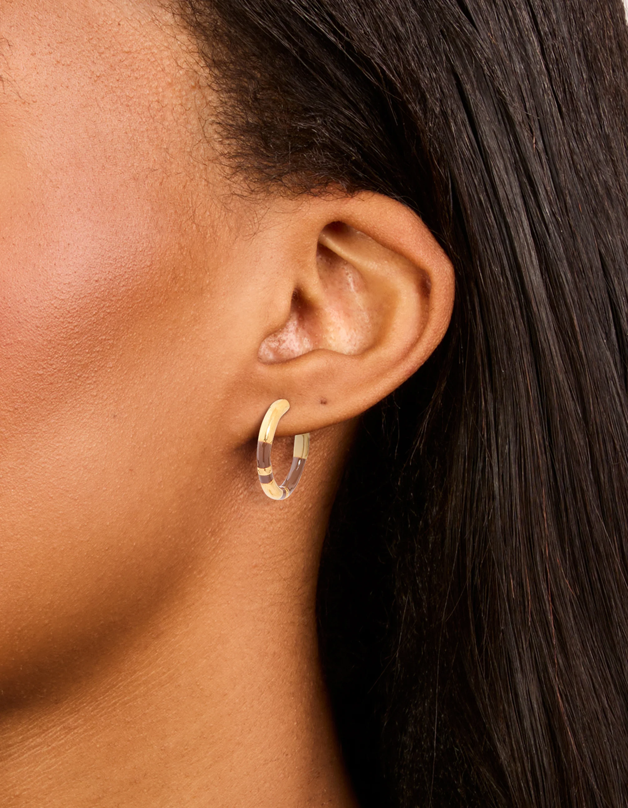 Waterproof Gold Plated Stainless Steel Small Brown Enamel Stripe Hoop Earrings - Image 2