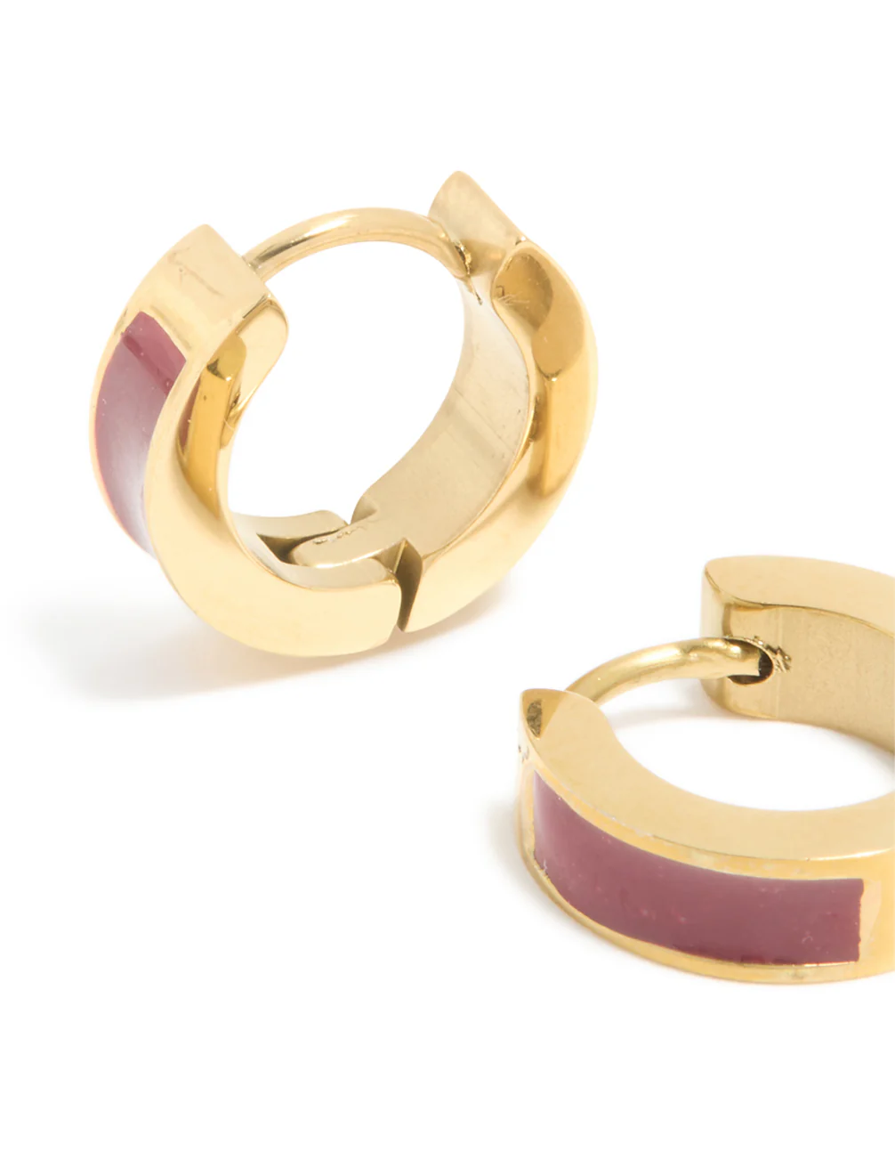 Waterproof Gold Plated Stainless Steel Small Burgundy Red Enamel Inlay Huggie Earrings - Image 4