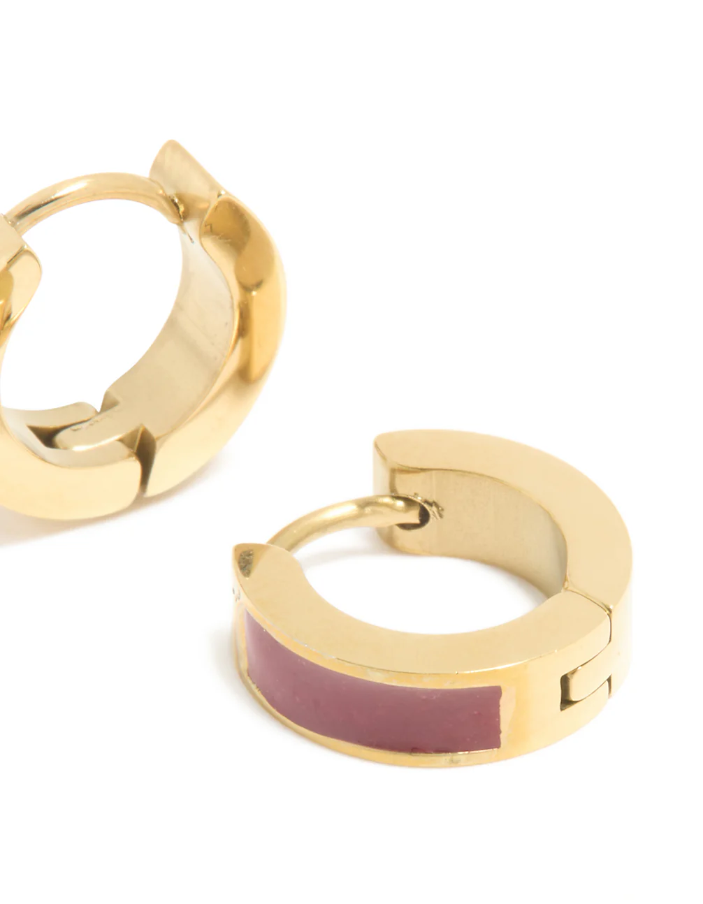 Waterproof Gold Plated Stainless Steel Small Burgundy Red Enamel Inlay Huggie Earrings - Image 5
