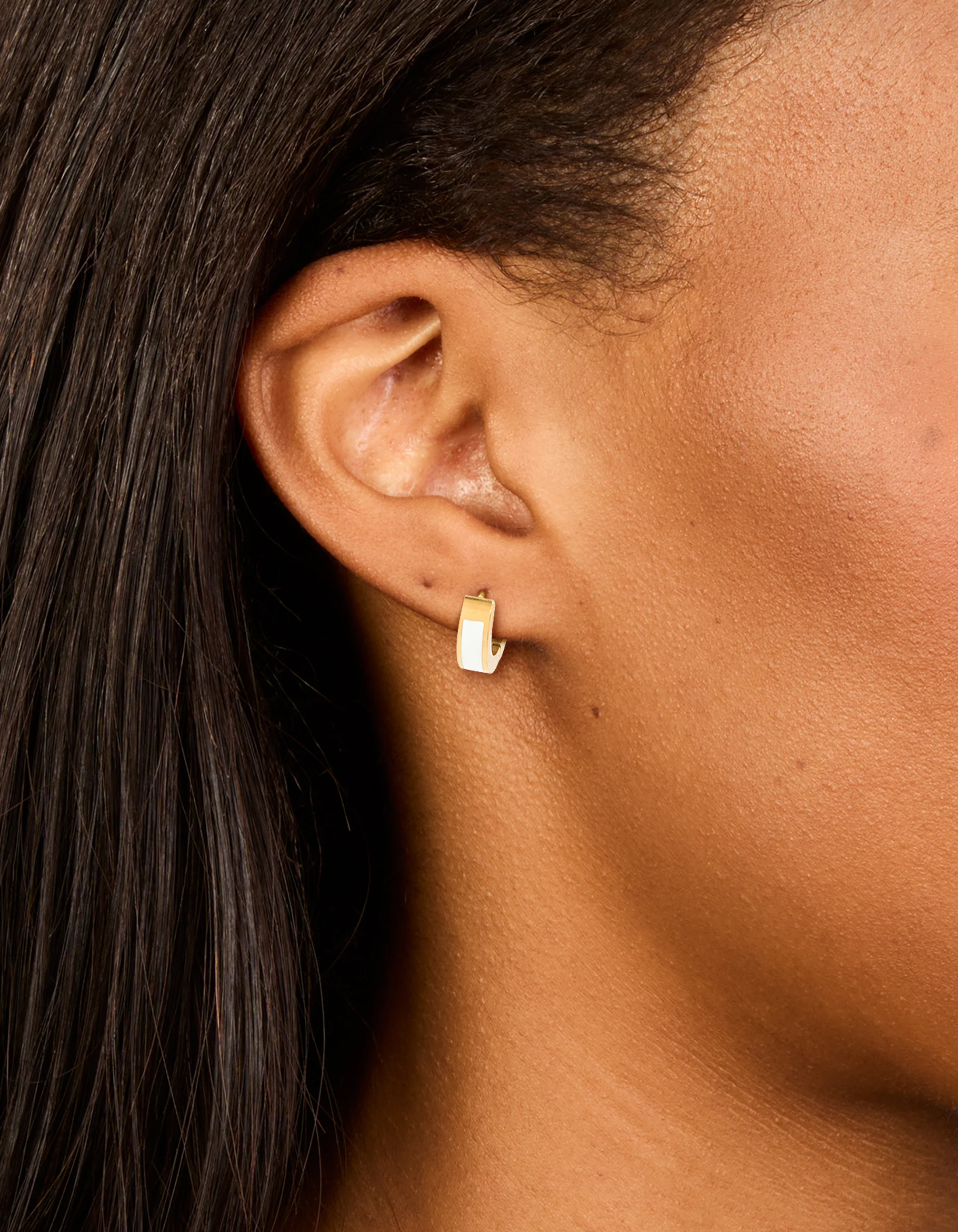 Waterproof Gold Plated Stainless Steel Small White Enamel Inlay Huggie Earrings - Image 2