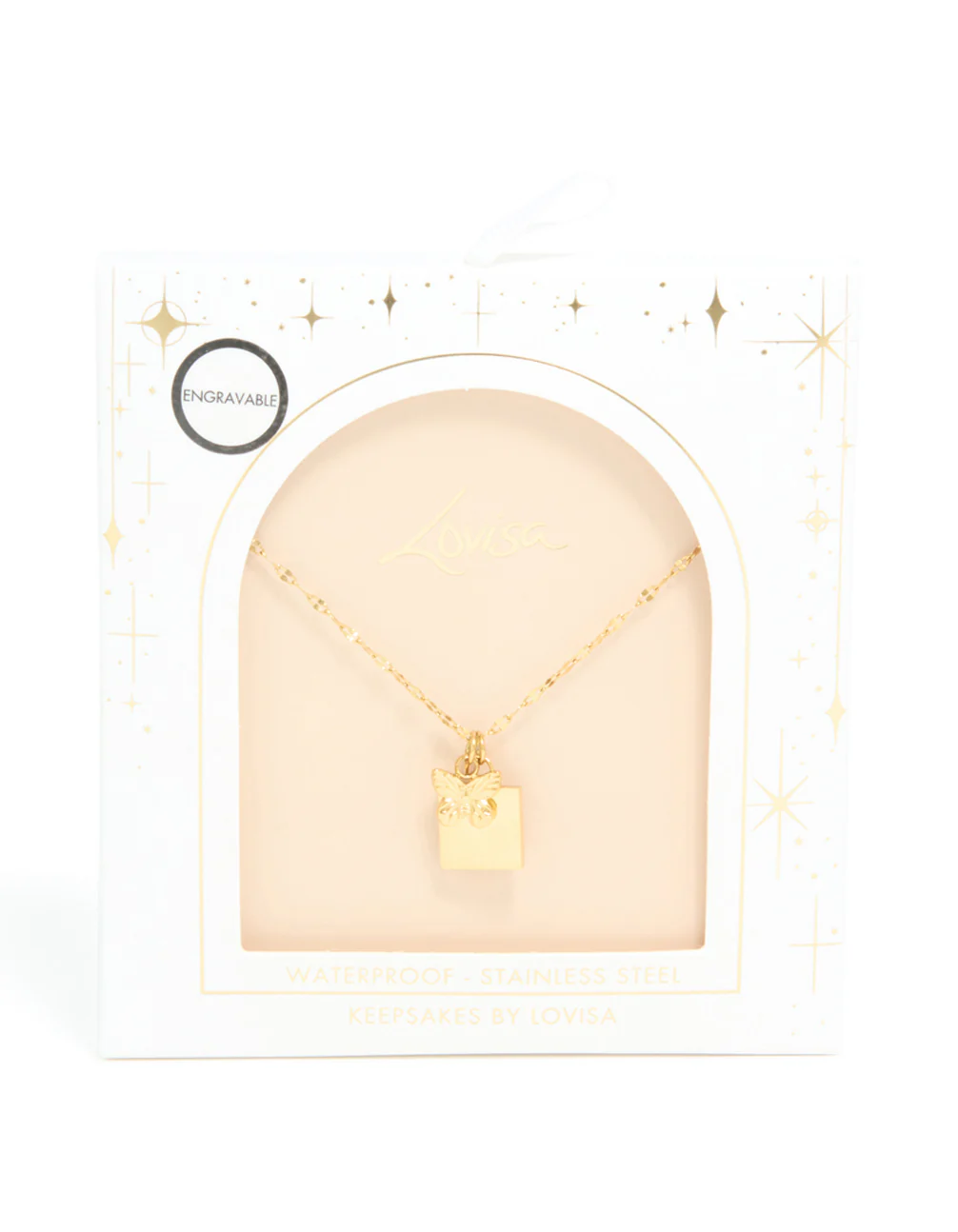 Waterproof Gold Plated Stainless Steel Square & Butterfly Pendant Necklace - Image 5