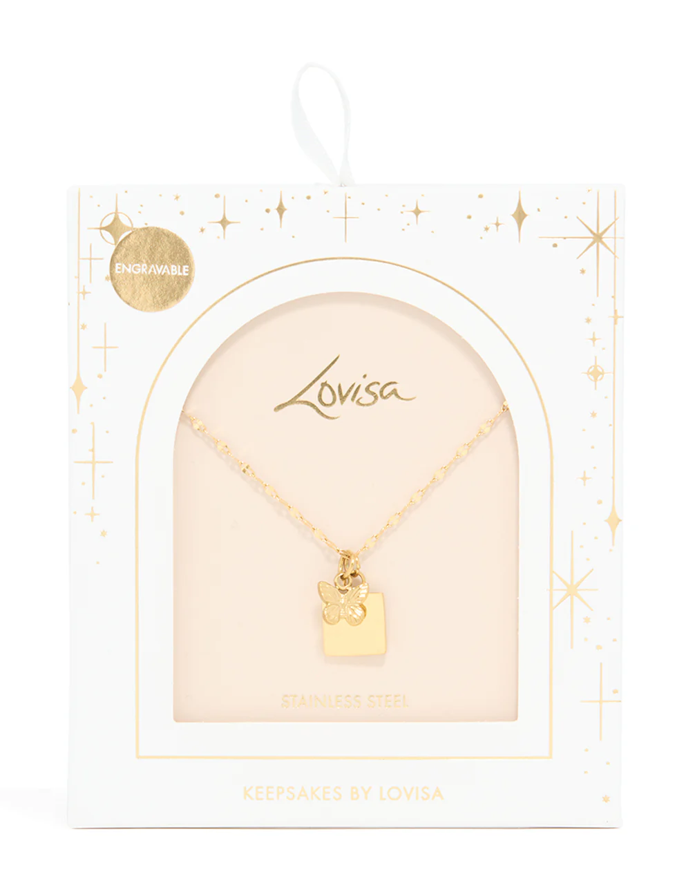 Waterproof Gold Plated Stainless Steel Square & Butterfly Pendant Necklace - Image 3