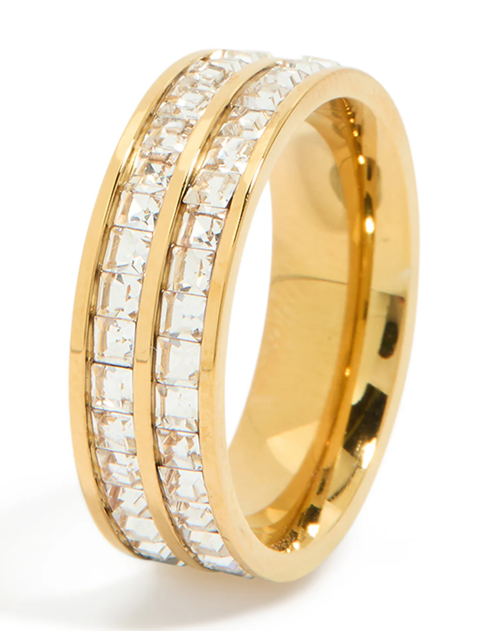 Waterproof Gold Plated Stainless Steel Square Cubic Zirconia Double Layered Ring - Image 2