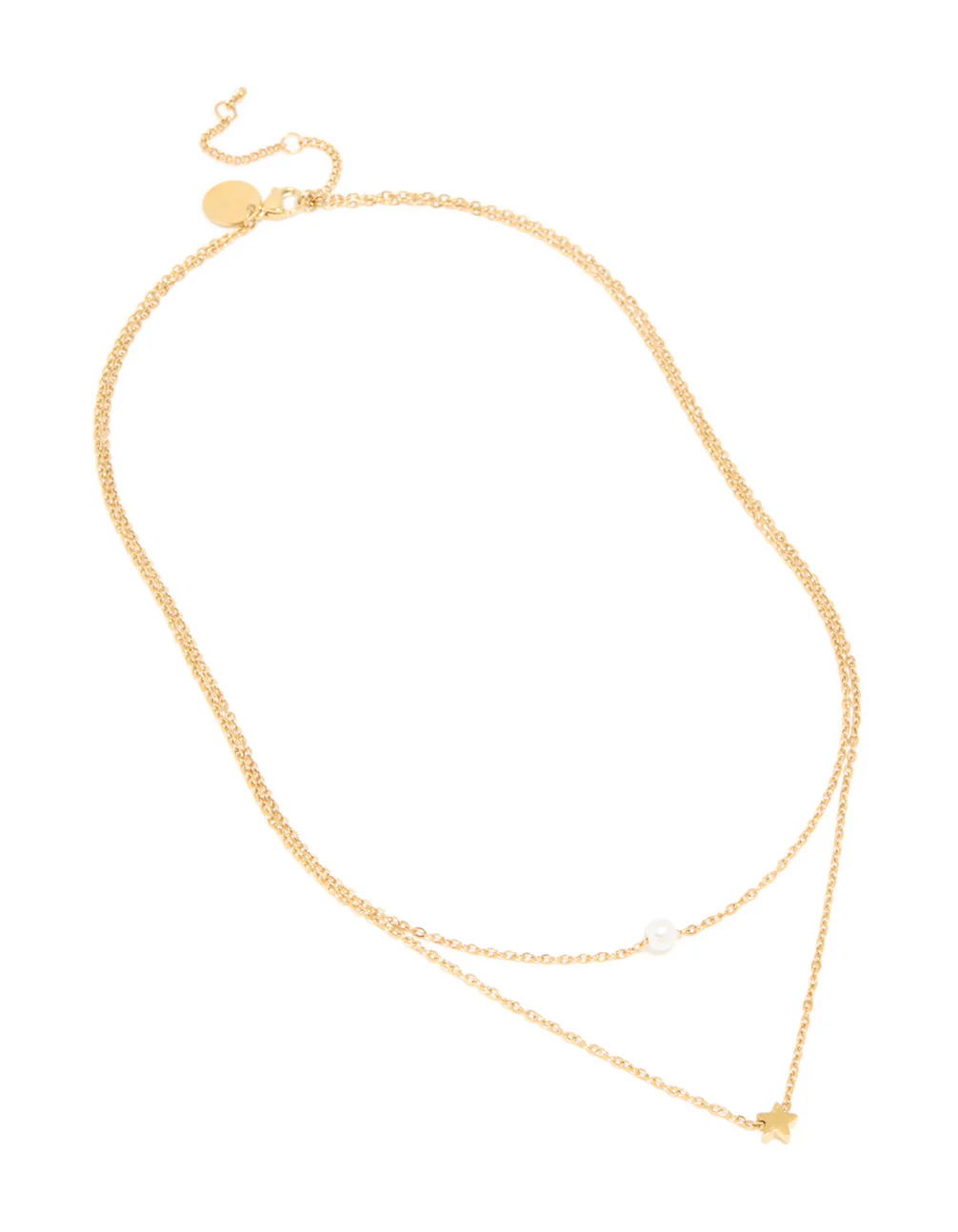 Waterproof Gold Plated Stainless Steel Star & Pearl Layered Necklace - Image 2