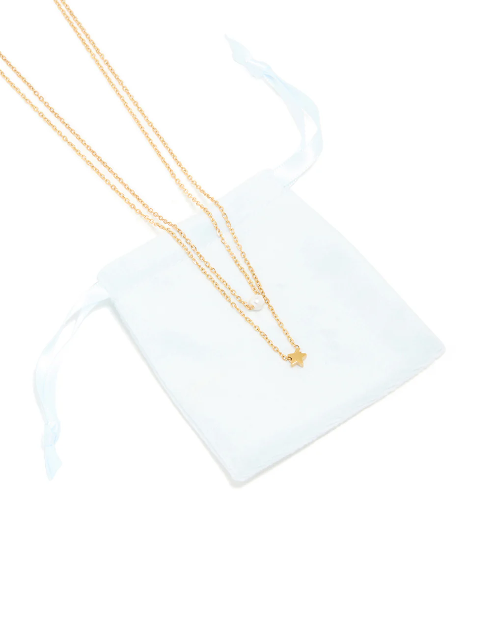 Waterproof Gold Plated Stainless Steel Star & Pearl Layered Necklace - Image 3