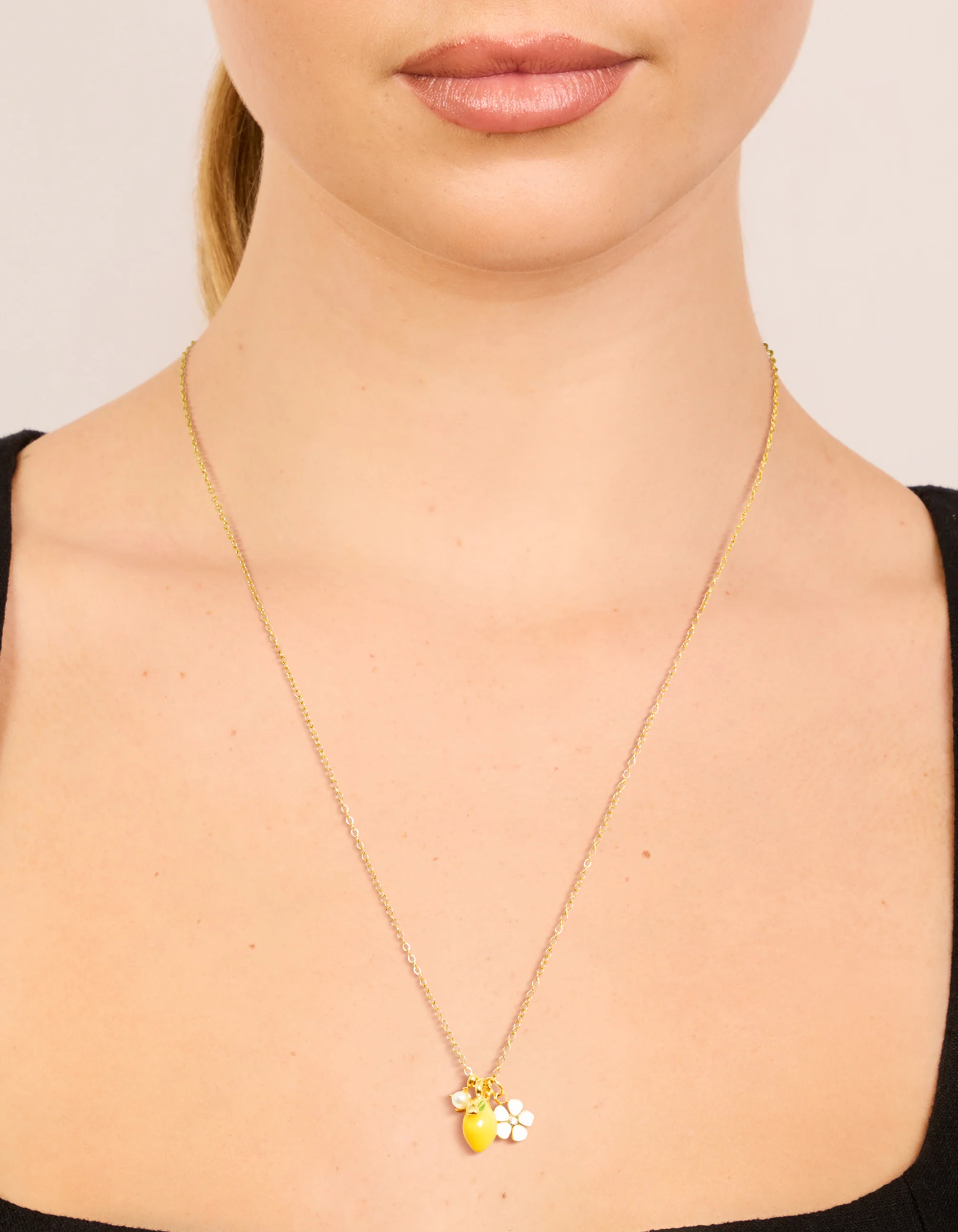Waterproof Gold Plated Stainless Steel Lemon & Flower Cluster Necklace - Image 2