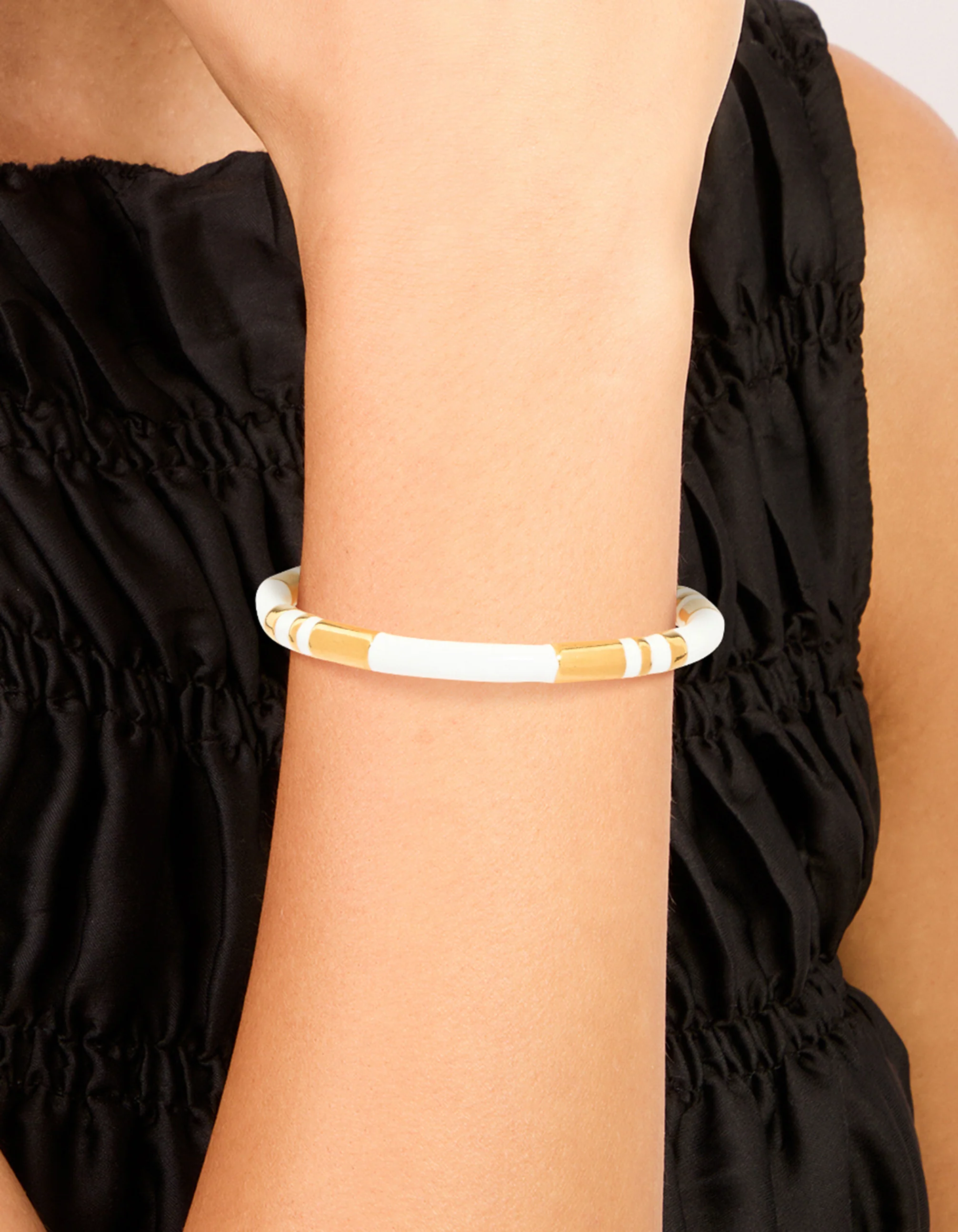 Waterproof Gold Plated Stainless Steel Stripe White Enamel Wrist Cuff - Image 2