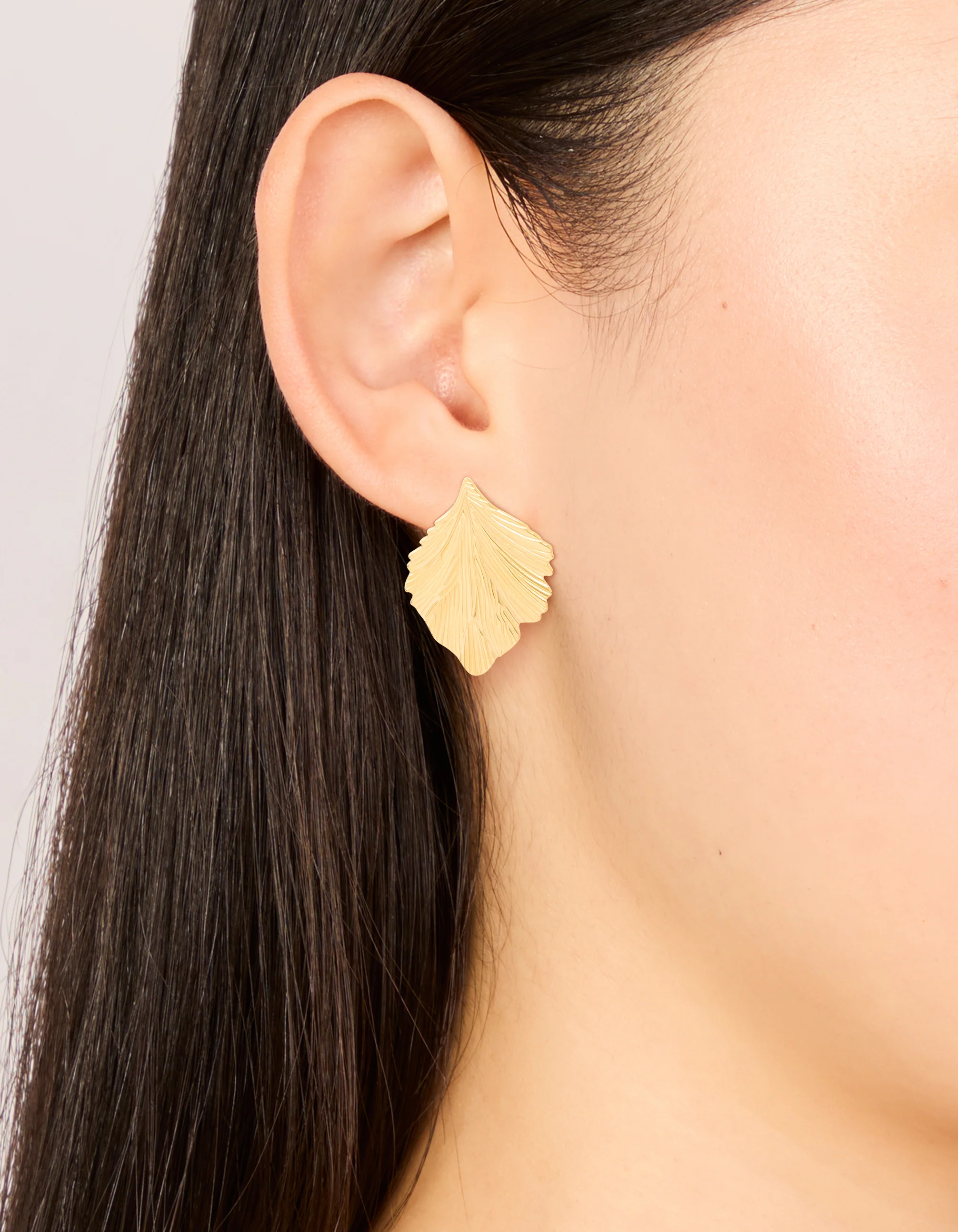 Waterproof Gold Plated Stainless Steel Textured Leaf Earrings - Image 2