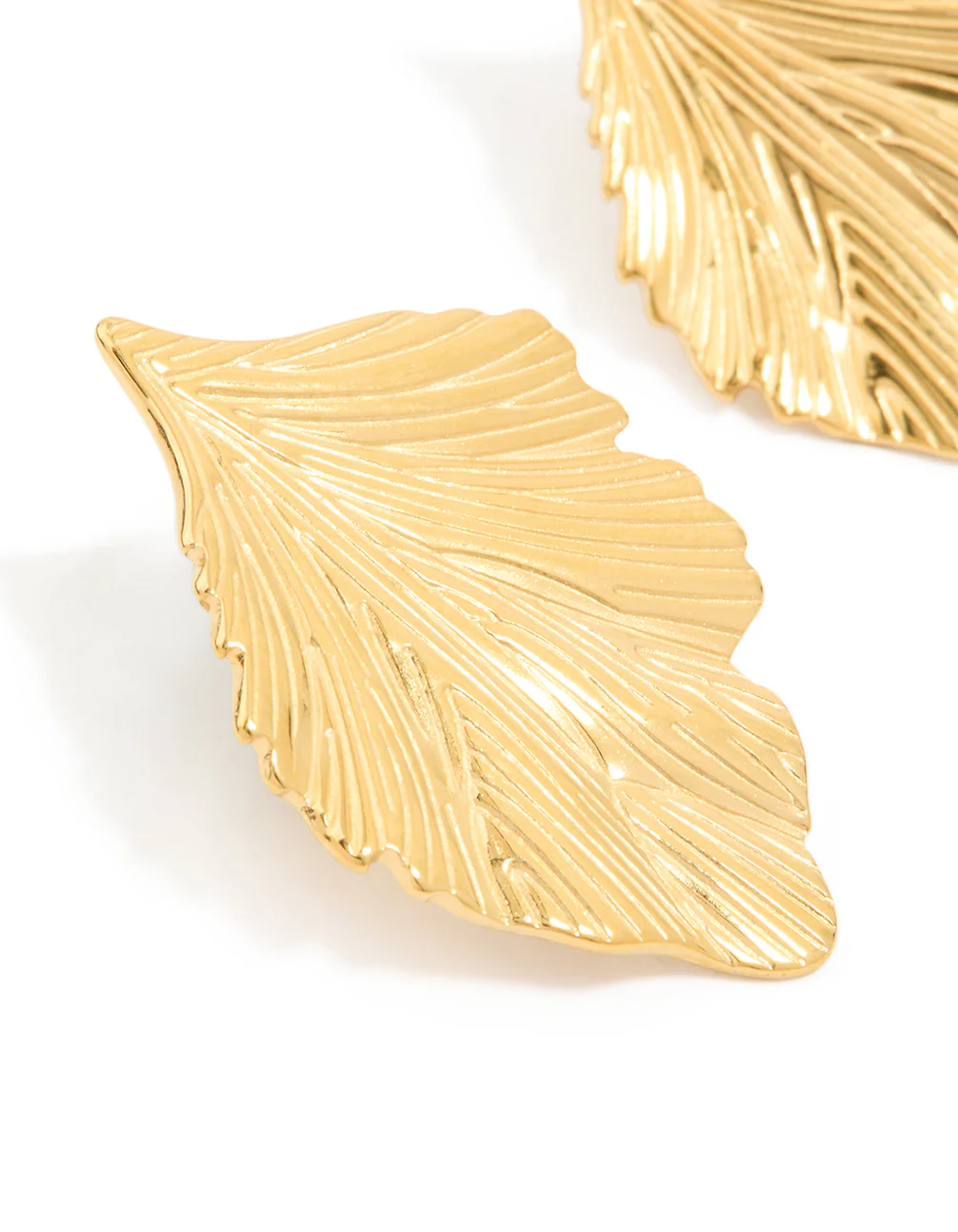 Waterproof Gold Plated Stainless Steel Textured Leaf Earrings - Image 4