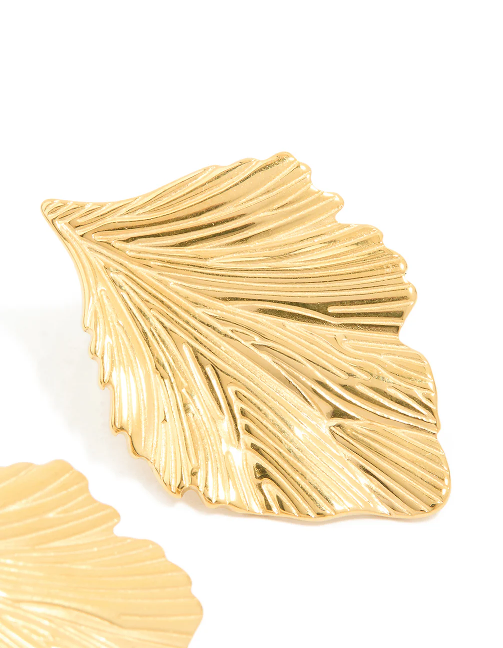 Waterproof Gold Plated Stainless Steel Textured Leaf Earrings - Image 5