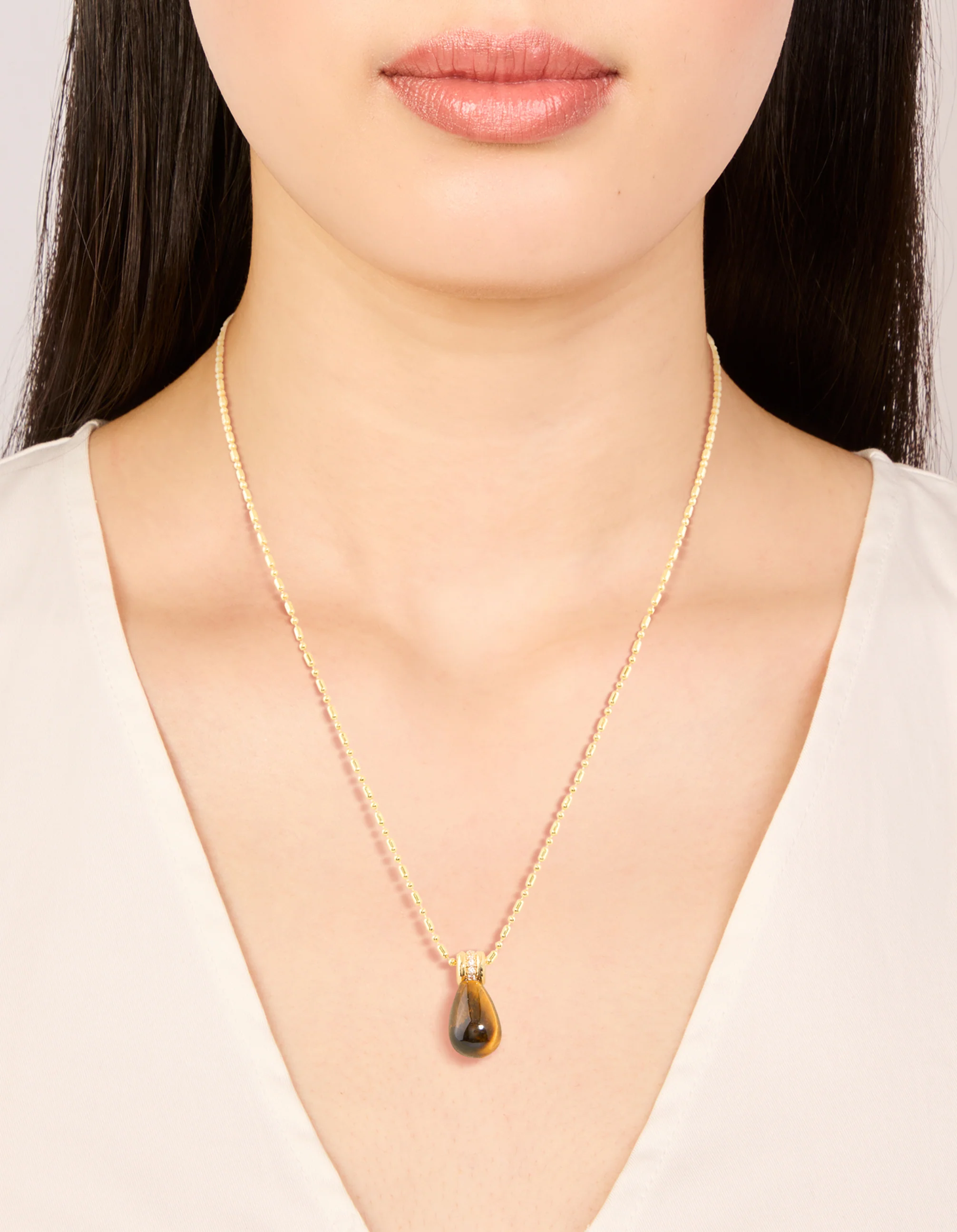 Waterproof Gold Plated Stainless Steel Tiger Eyes Semi Precious Stone Pendant Necklace - Image 2