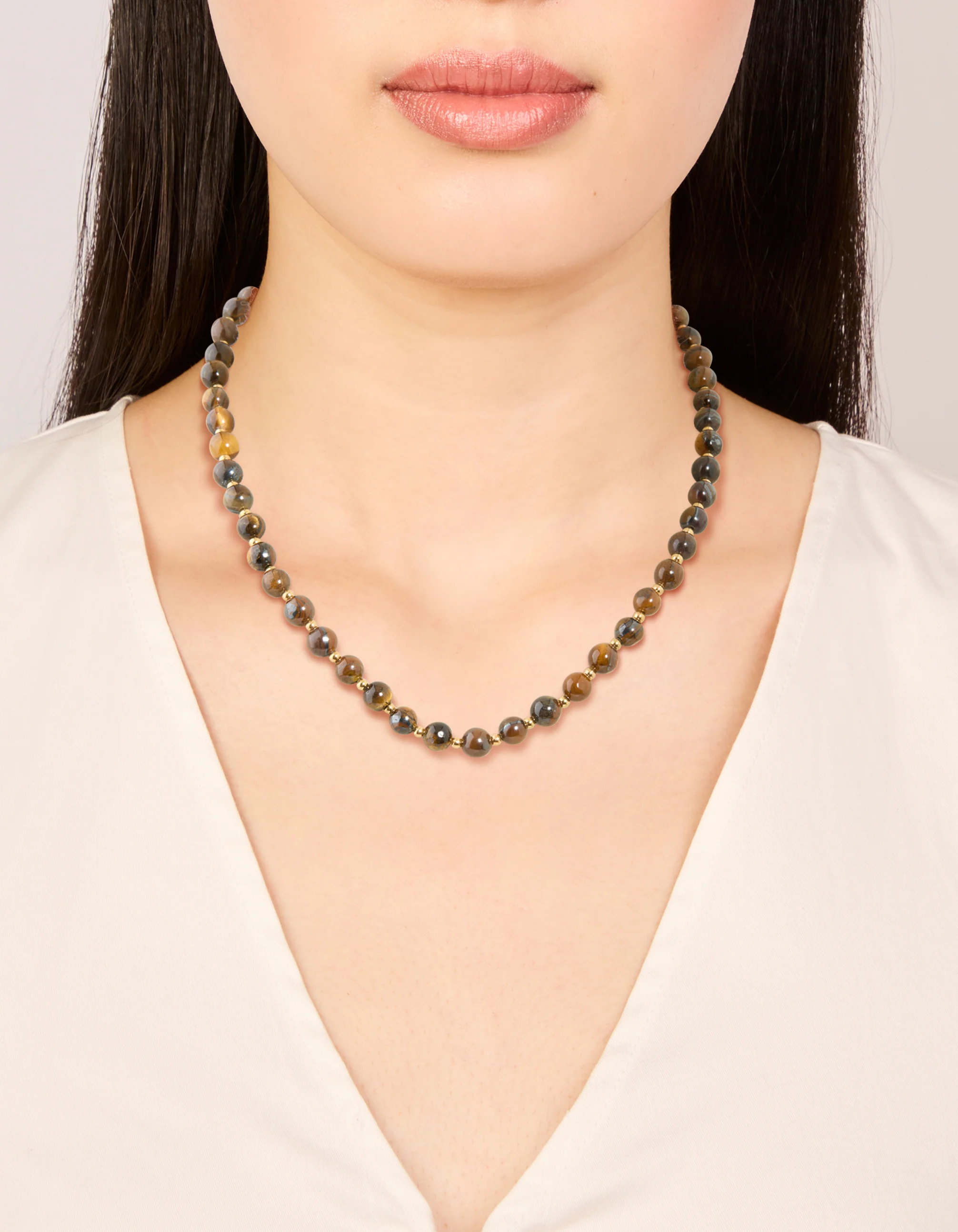 Waterproof Gold Plated Stainless Steel Tigers Eye Semi Precious Stone Beaded Short Necklace - Image 2