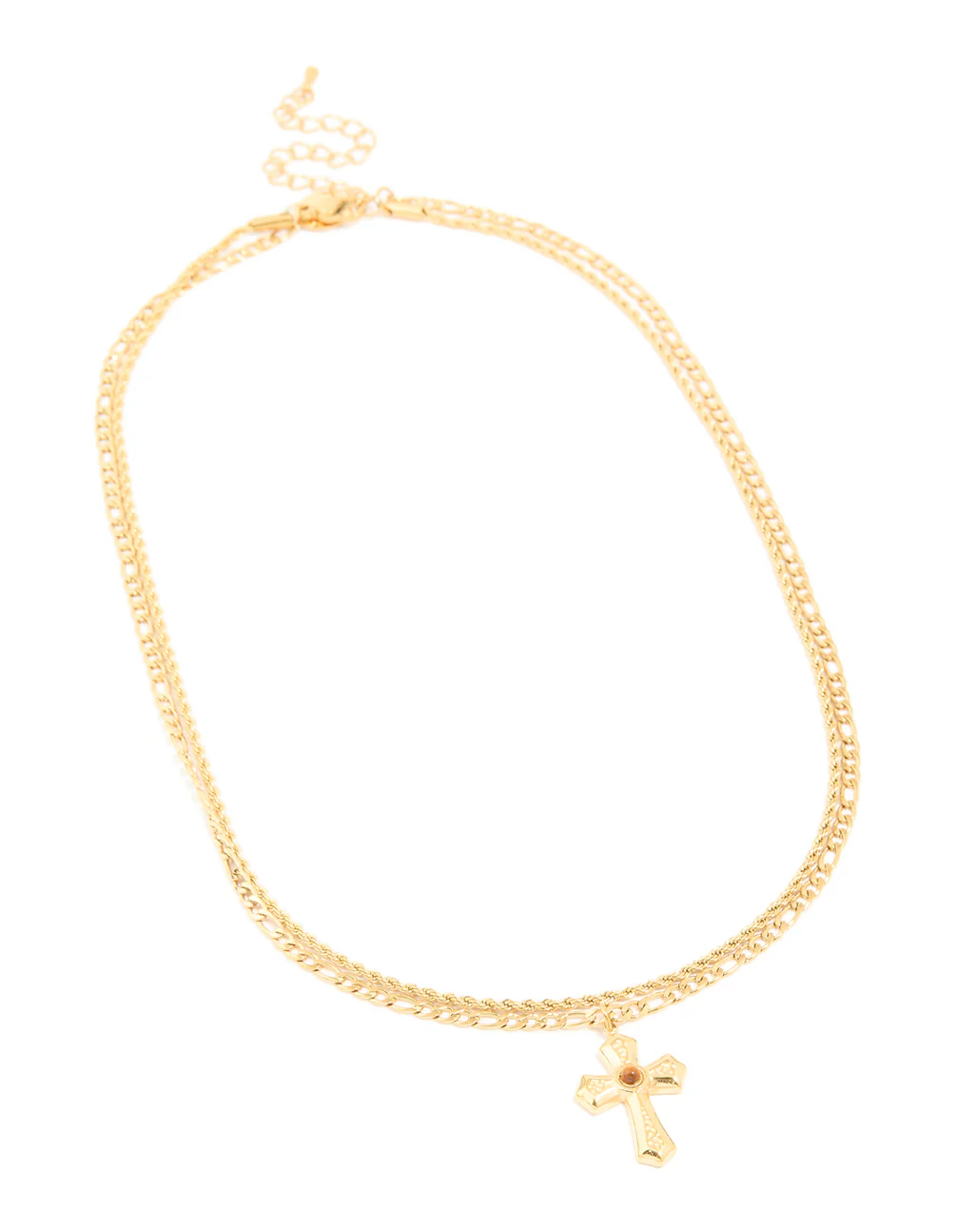 Waterproof Gold Plated Stainless Steel Tigers Eye Semi Precious Stone Cross Chain Layered Necklace - Image 2