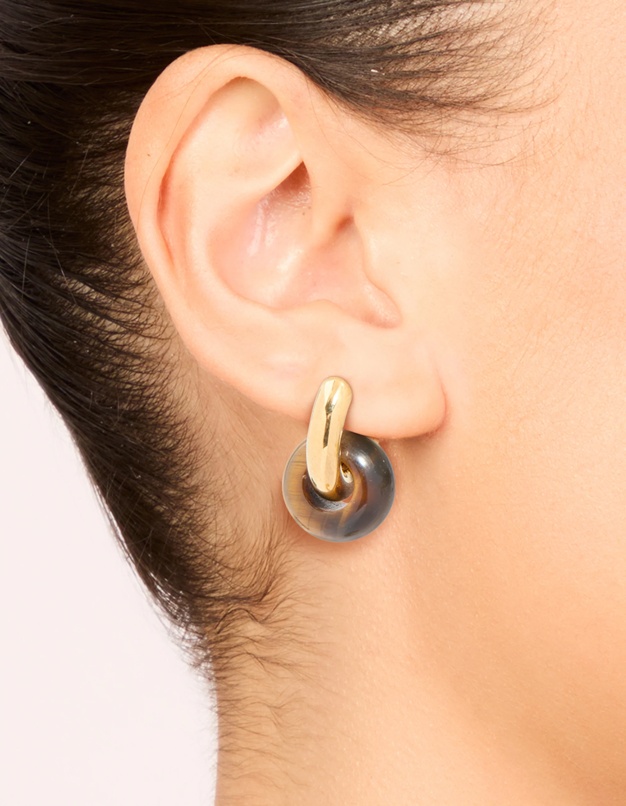 Waterproof Gold Plated Stainless Steel Tiger's Eye Semi Precious Stone Dainty Huggie Earrings - Image 2