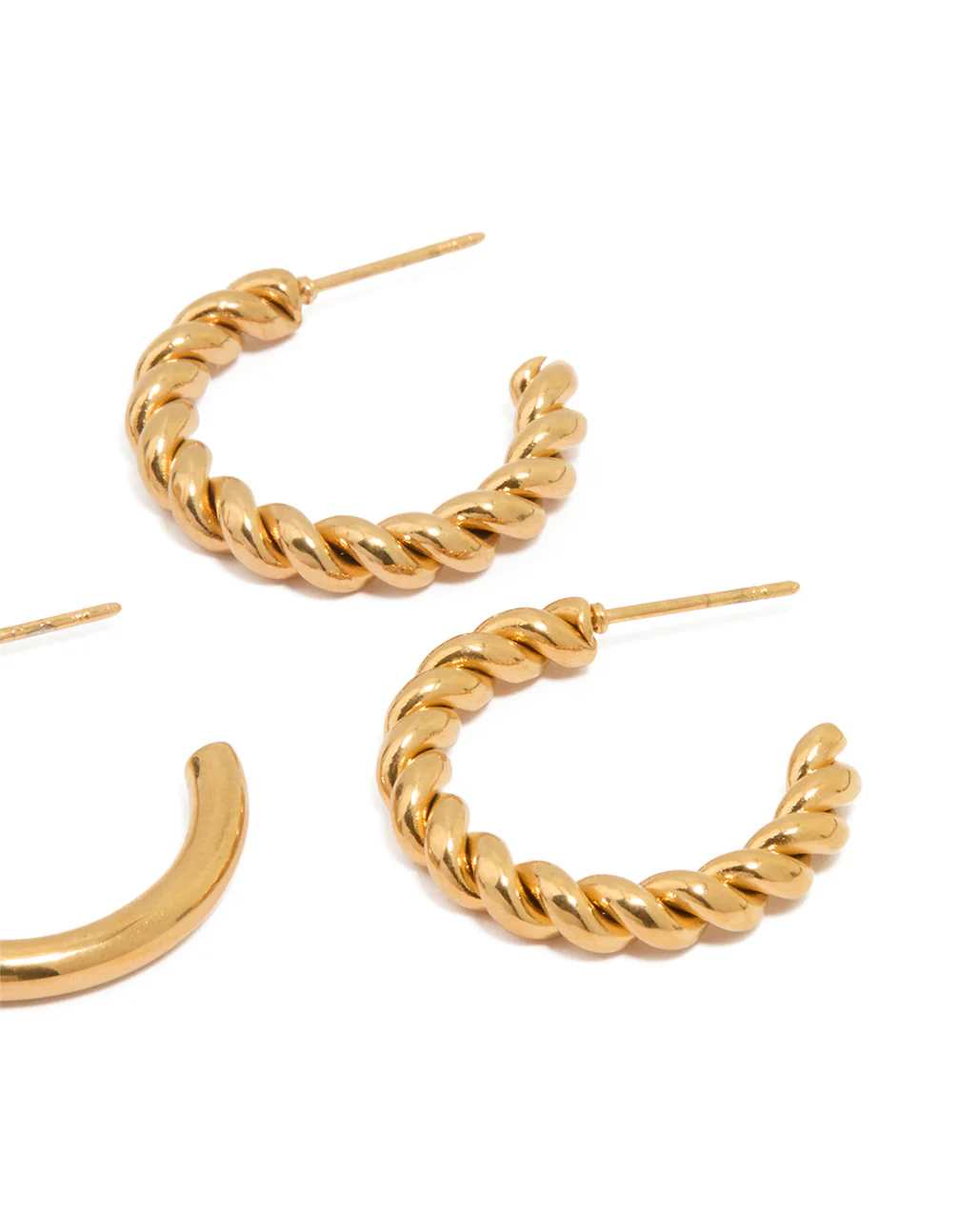 Waterproof Gold Plated Stainless Steel Twisted & Smooth  Hoop Earrings 3-Pack - Image 3