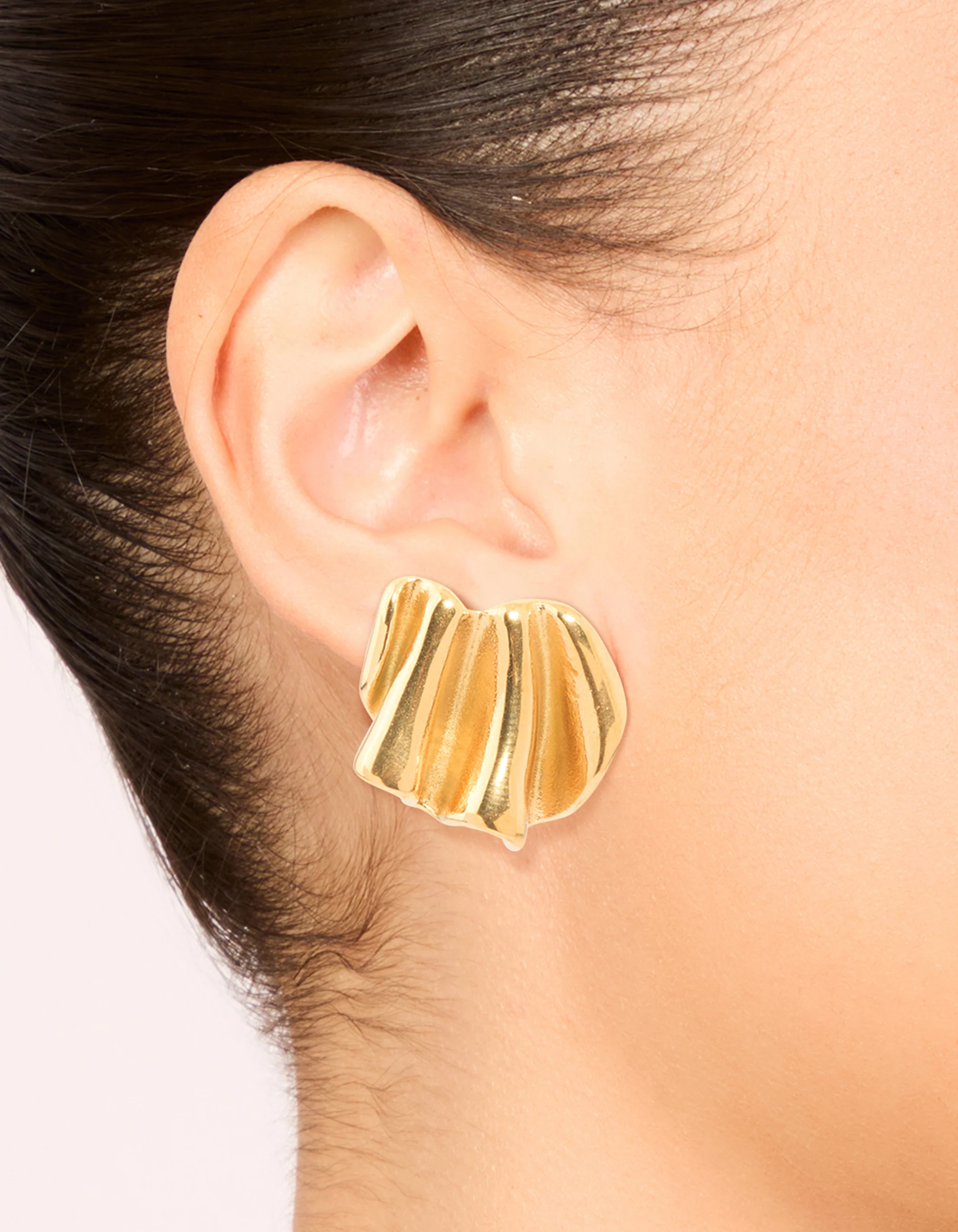 Waterproof Gold Plated Stainless Steel Wavy Fan Stud Earrings - Image 2