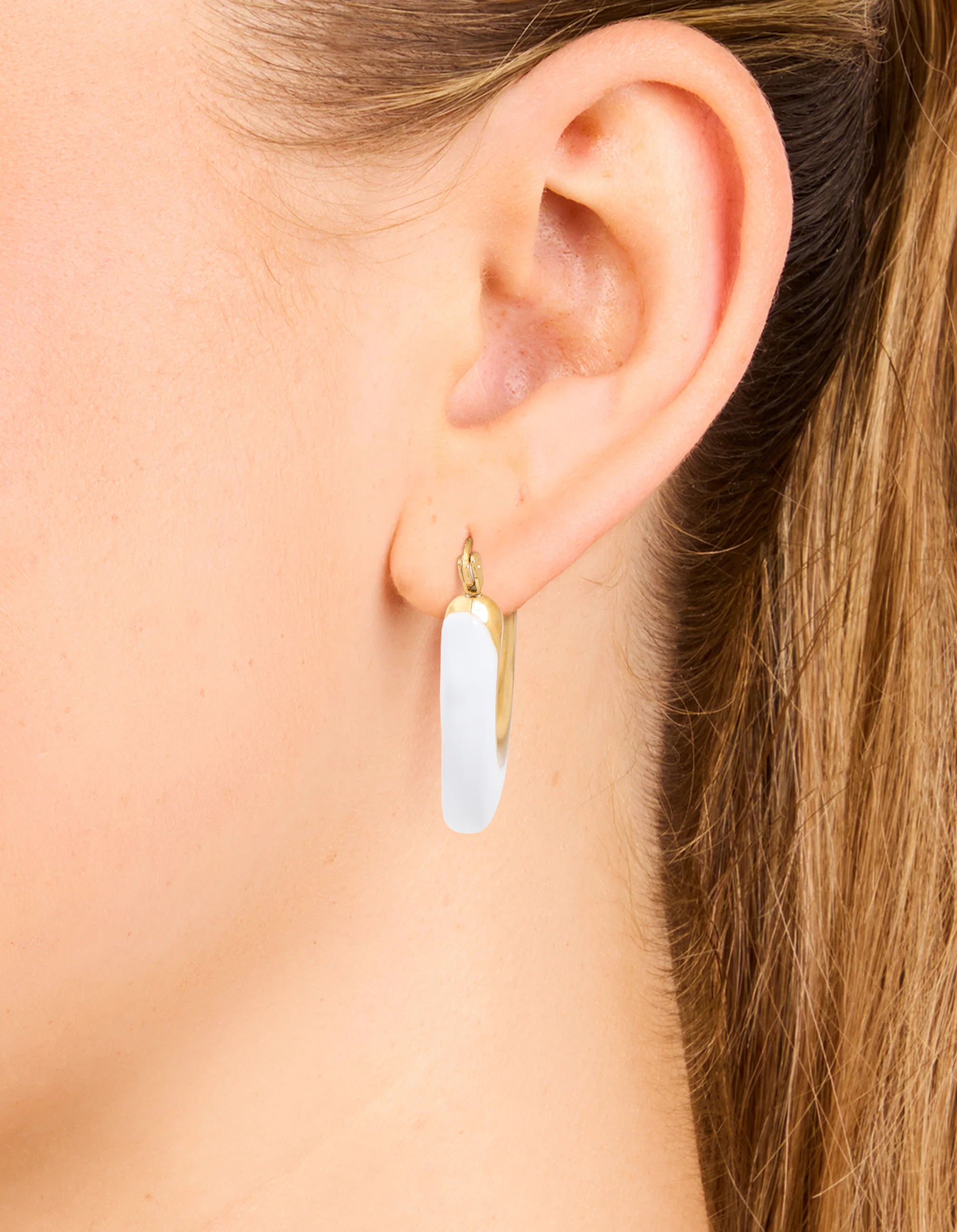 Waterproof Gold Plated Stainless Steel White Enamel Long Hoop Earrings - Image 2
