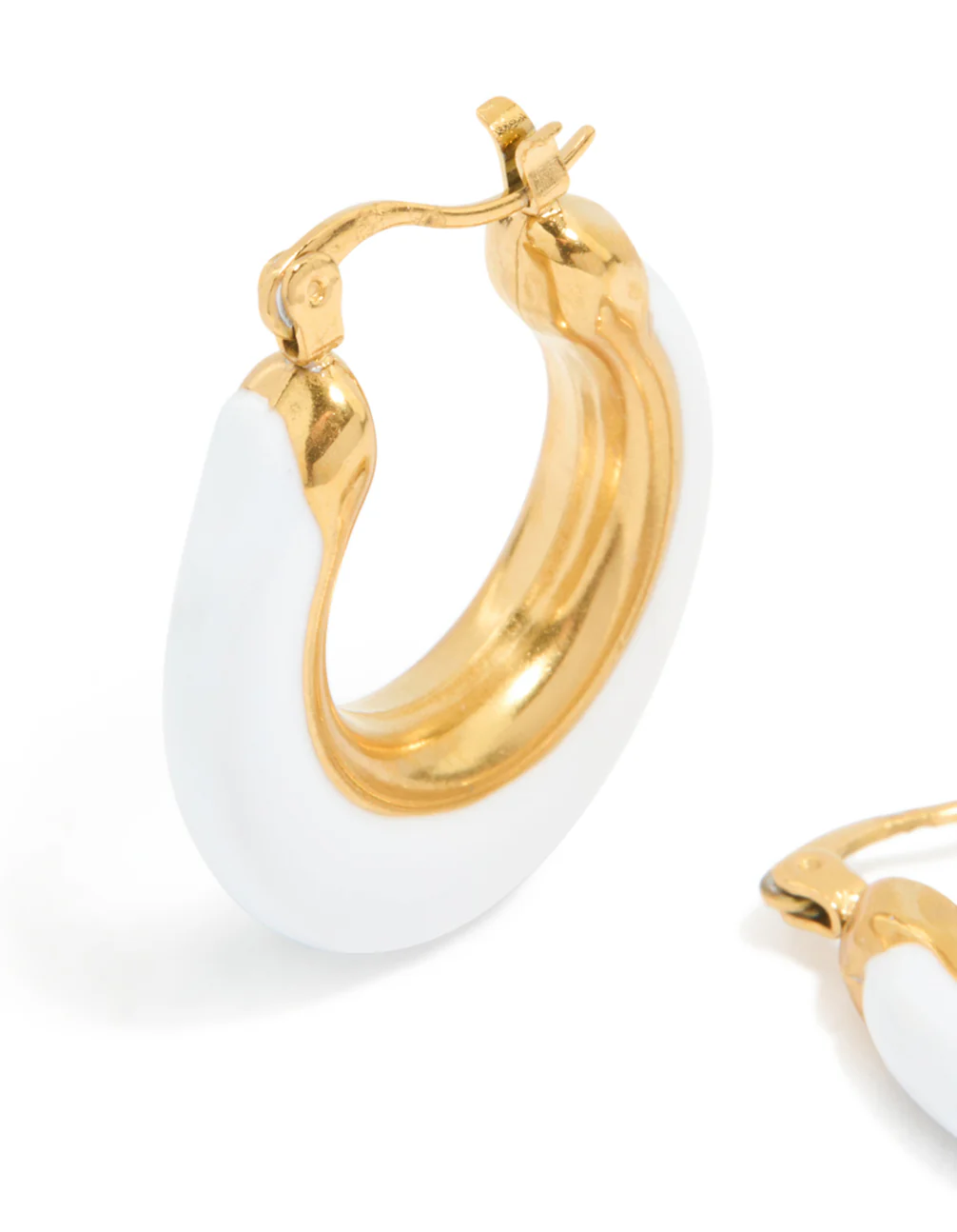 Waterproof Gold Plated Stainless Steel White Enamel Long Hoop Earrings - Image 4