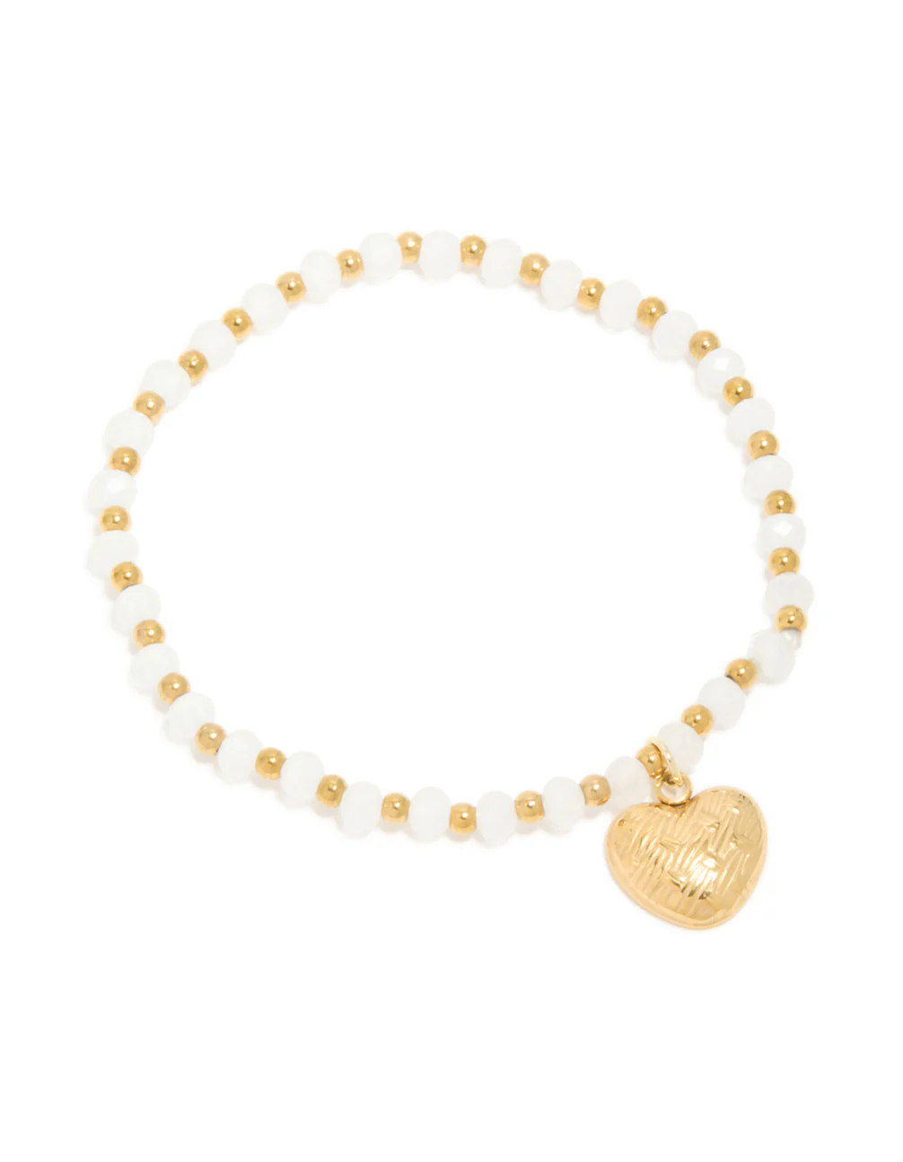 Waterproof Gold Plated Stainless Steel White Semi Precious Stone Heart Charm Stretch Bracelet - Image 2