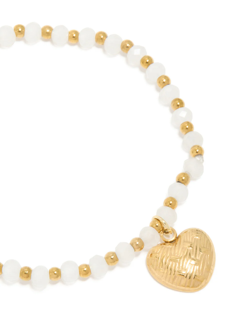 Waterproof Gold Plated Stainless Steel White Semi Precious Stone Heart Charm Stretch Bracelet - Image 4