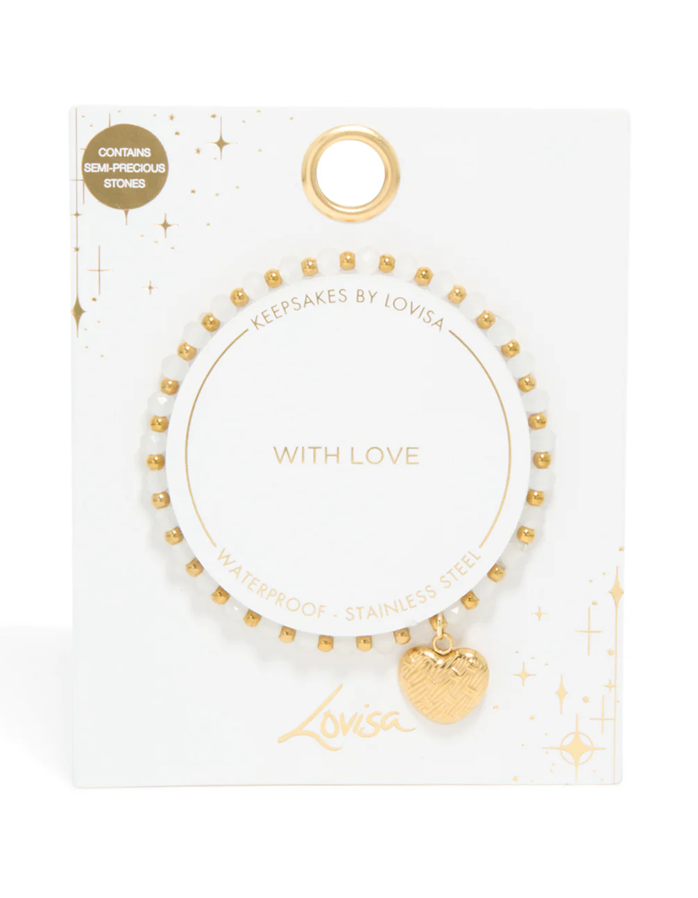 Waterproof Gold Plated Stainless Steel White Semi Precious Stone Heart Charm Stretch Bracelet - Image 5