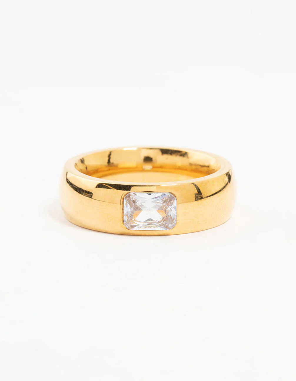 Waterproof Gold Plated Stainless Steel Wide Band Cubic Zirconia Ring - Image 2