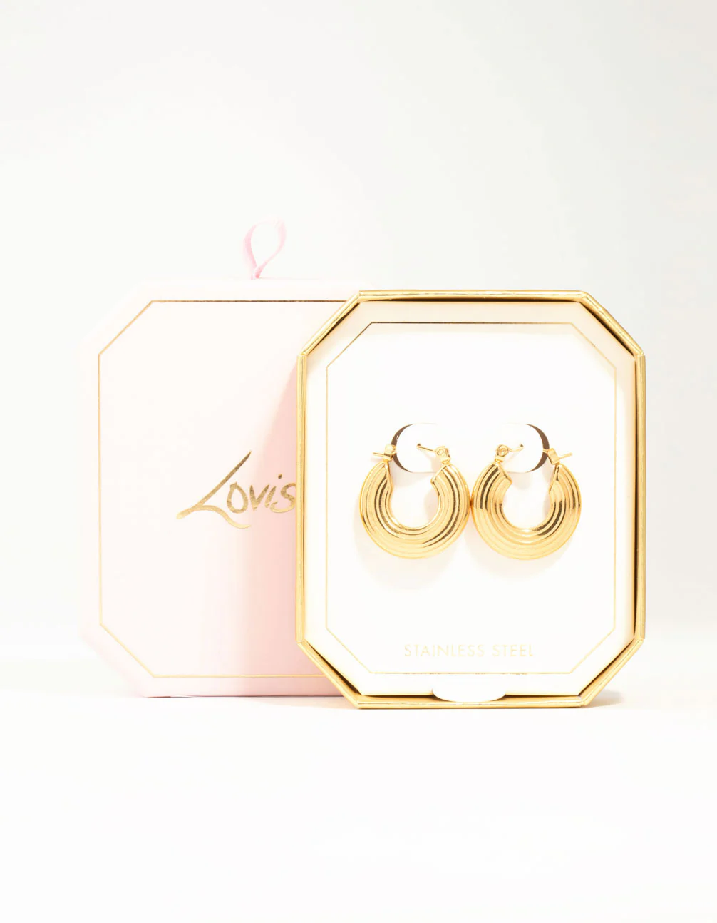Waterproof Gold Plated Stainless Steel Wide Line Textured Hoop Earrings - Image 5