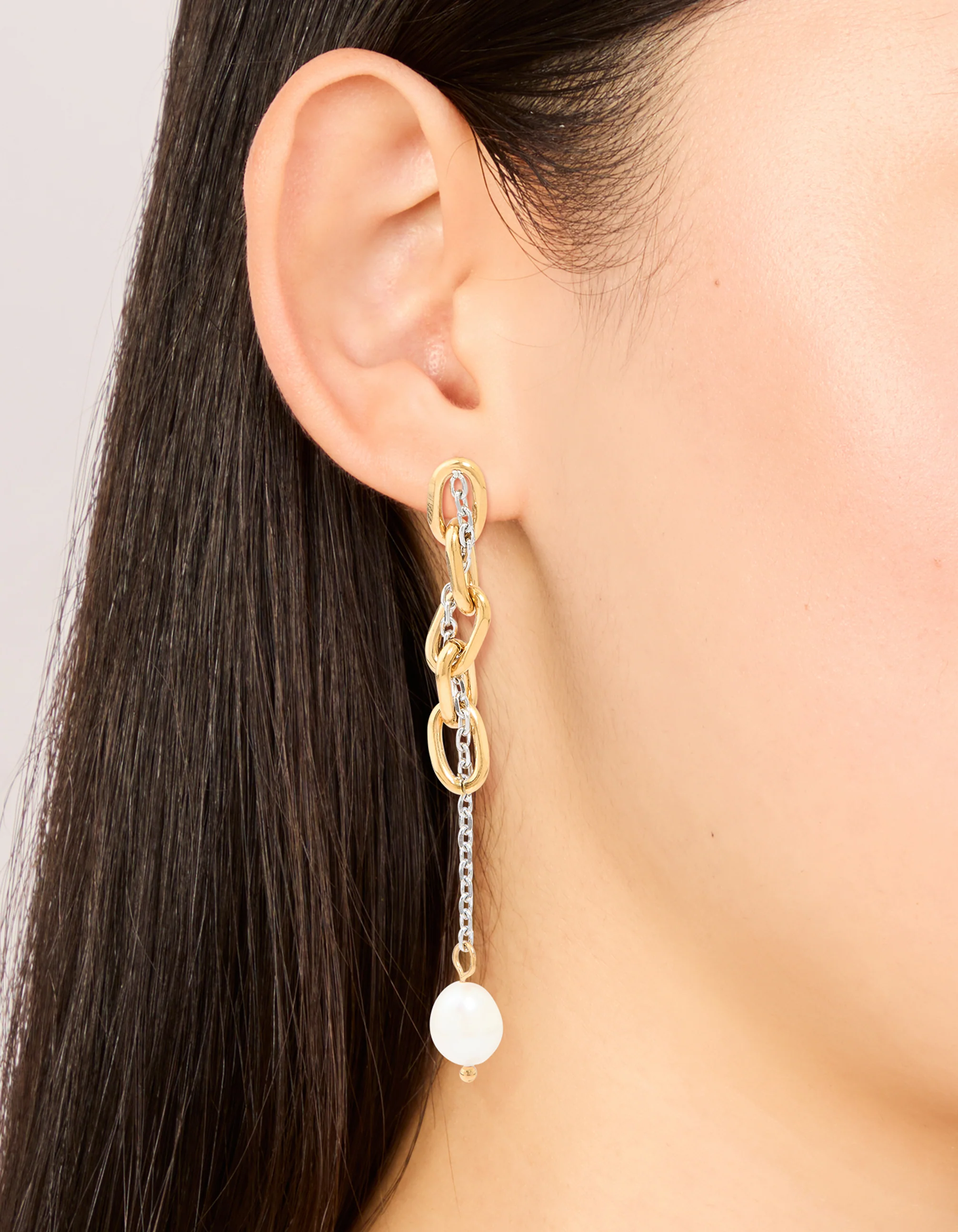 Waterproof Mixed Metal Stainless Steel Pearl Drop Chain Earrings - Image 2