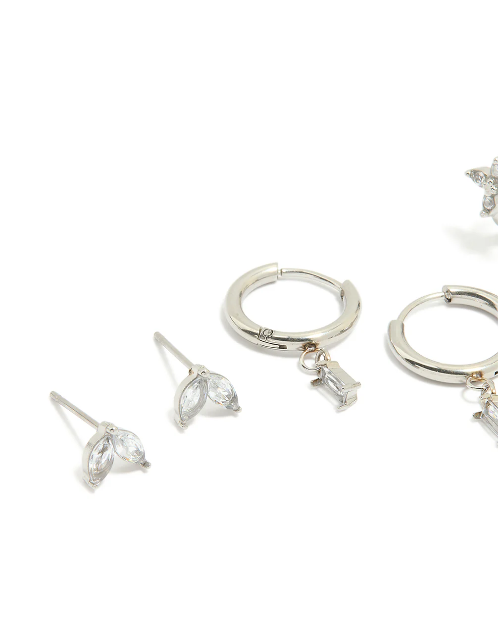 Waterproof Stainless Steel Cubic Zirconia & Baguette Flower Huggie Earrings 4-Pack - Image 2