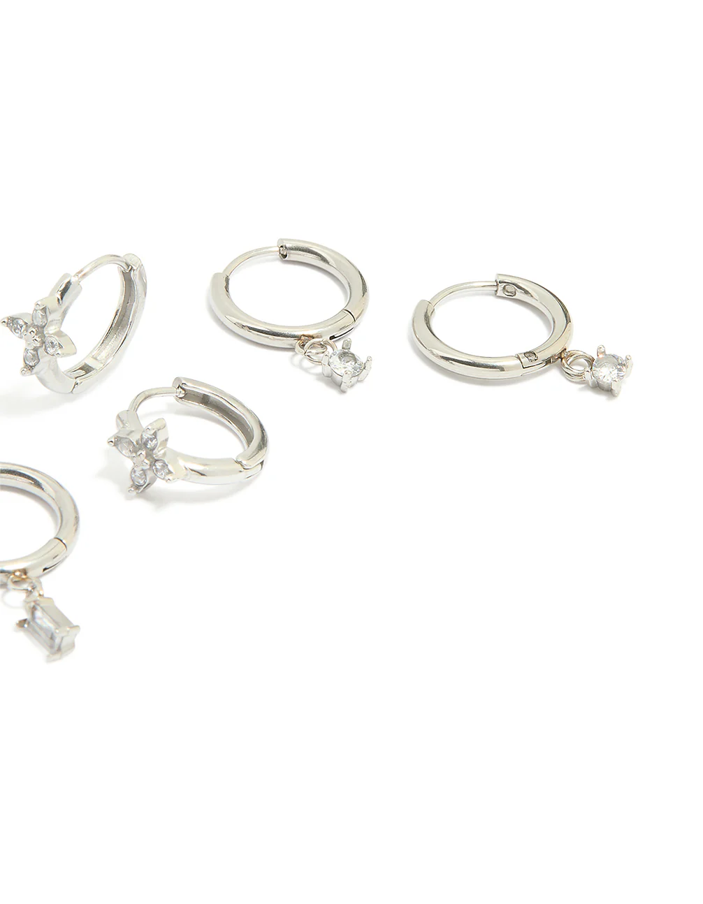 Waterproof Stainless Steel Cubic Zirconia & Baguette Flower Huggie Earrings 4-Pack - Image 3
